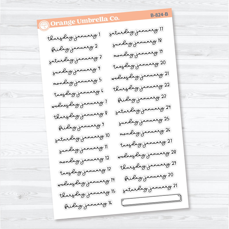 2026 Dates of the Month Planner Stickers | F18 Script | January–June | B-824–829-B
