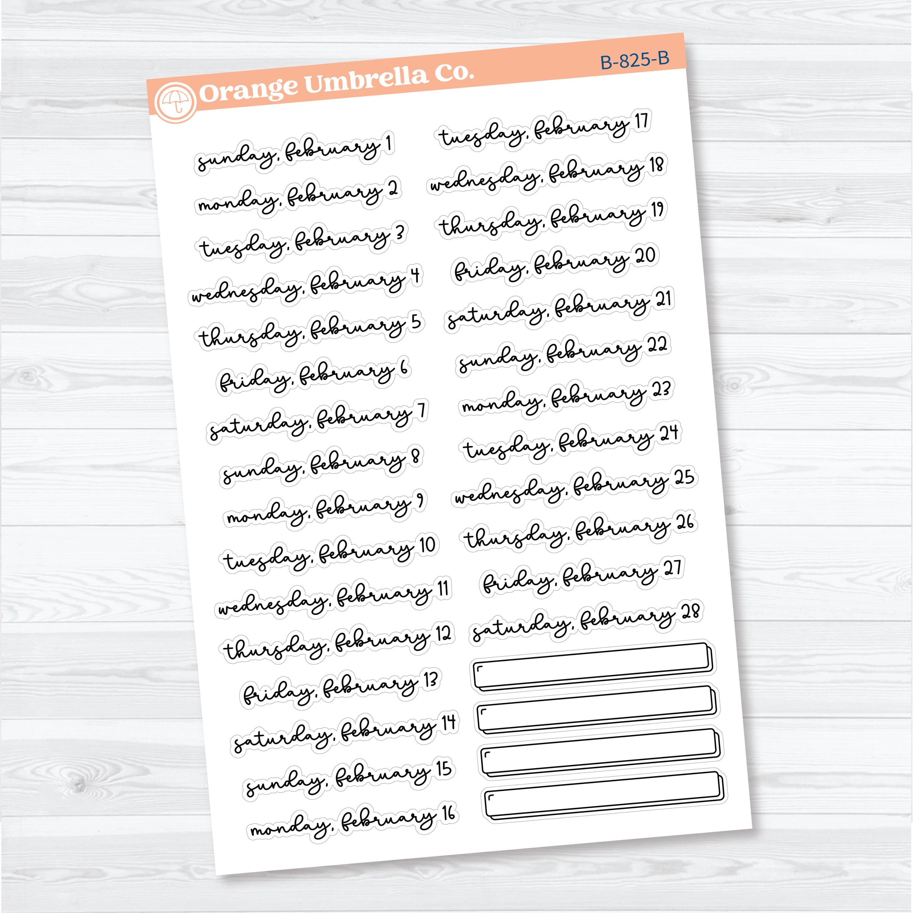 2026 Dates of the Month Planner Stickers | F18 Script | January–June | B-824–829-B