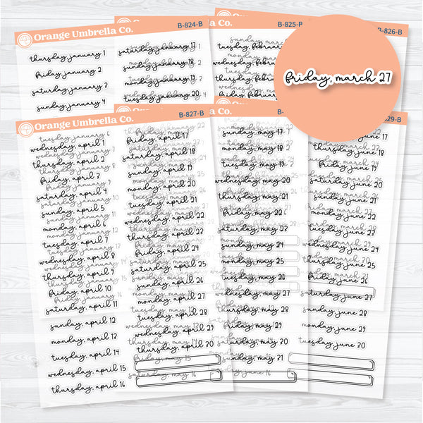 2026 monthly date stickers in F18 script on clear matte permanent sticker paper, January–June sheets by Orange Umbrella Co.