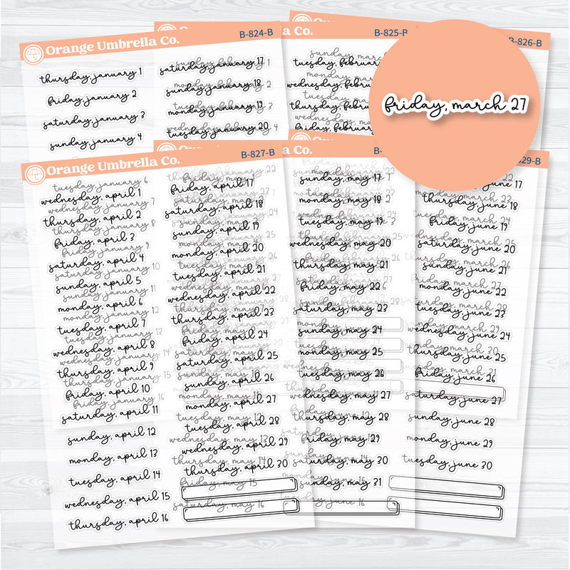 2026 monthly date stickers in F18 script on clear matte permanent sticker paper, January–June sheets by Orange Umbrella Co.