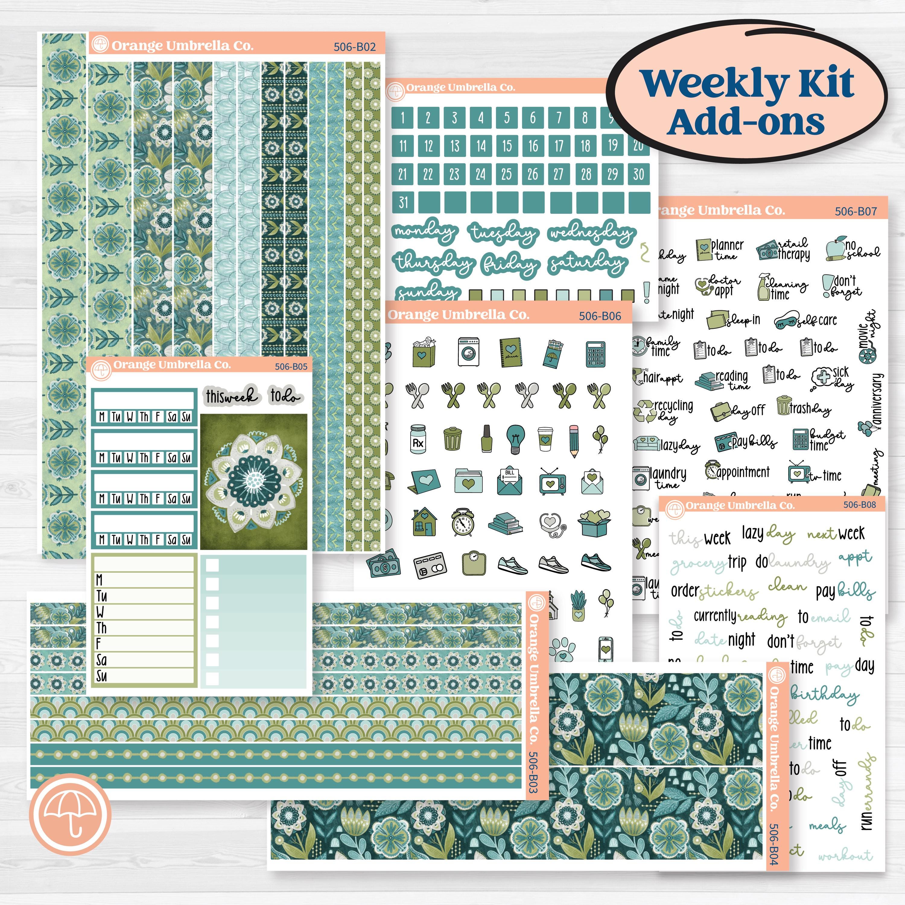 Soft Blue Florals Kit | Weekly Add-On Planner Kit Stickers | Blue Flora | KIT-506-B