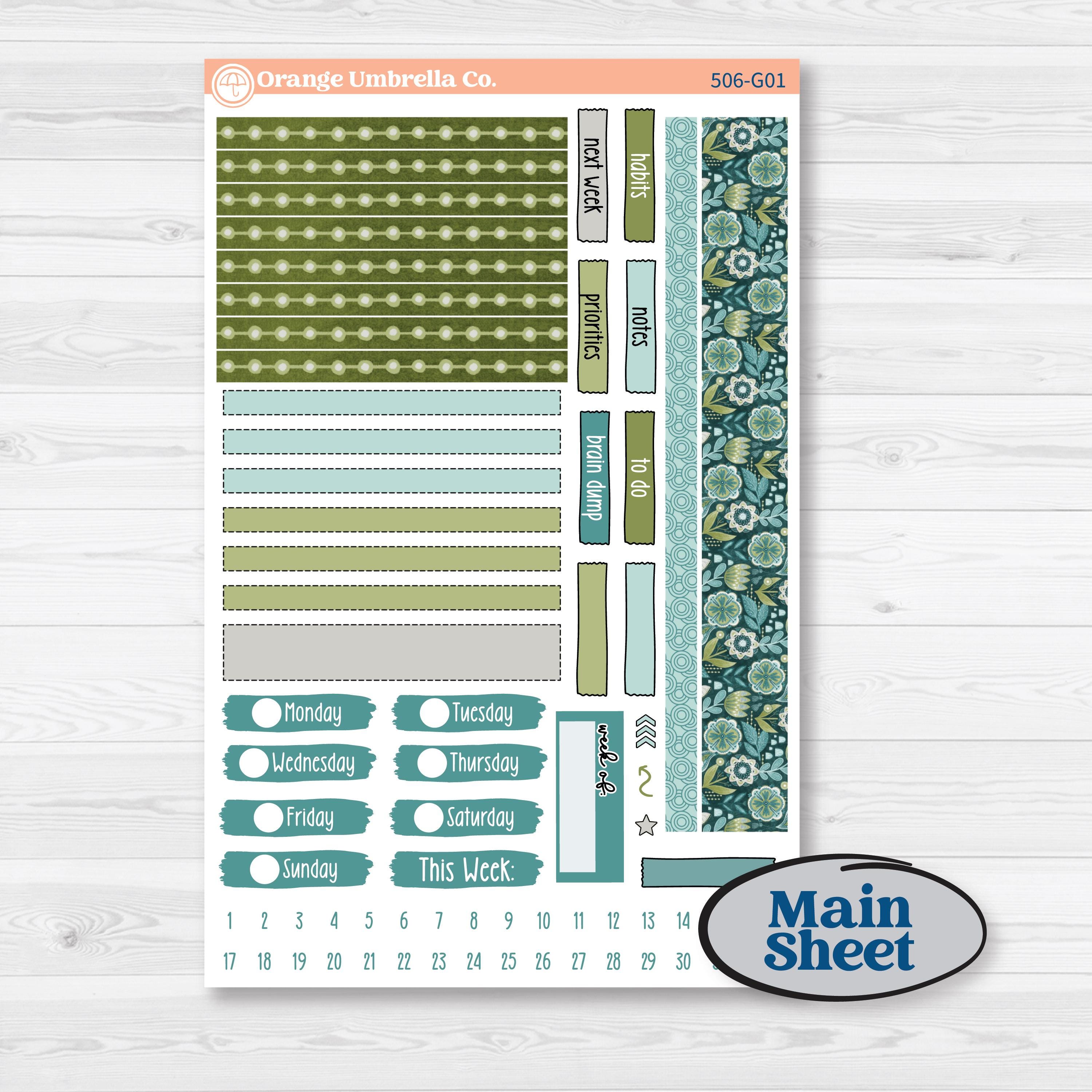 Soft Blue Florals Kit | Erin Condren Weekly Dashboard Planner Kit Stickers | Blue Flora | KIT-506-G