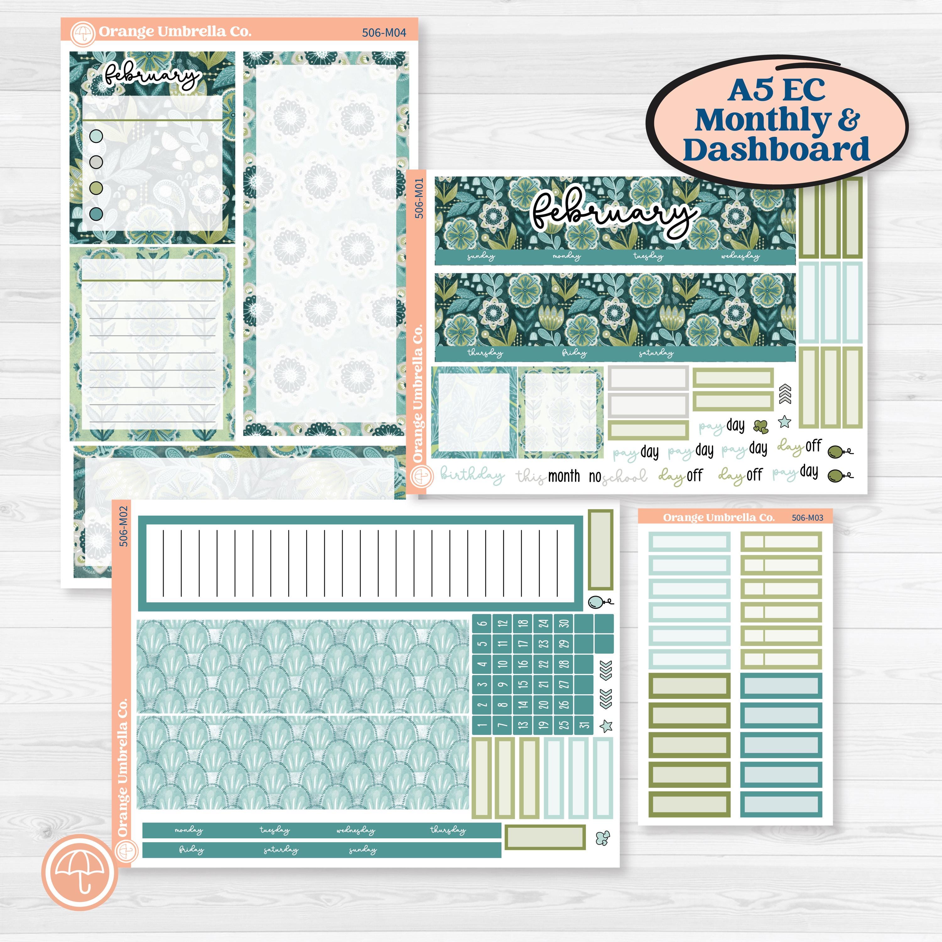 Soft Blue Florals Kit | A5 Erin Condren Monthly & Productivity Dashboard Sticker Kit | Blue Flora | KIT-506-M