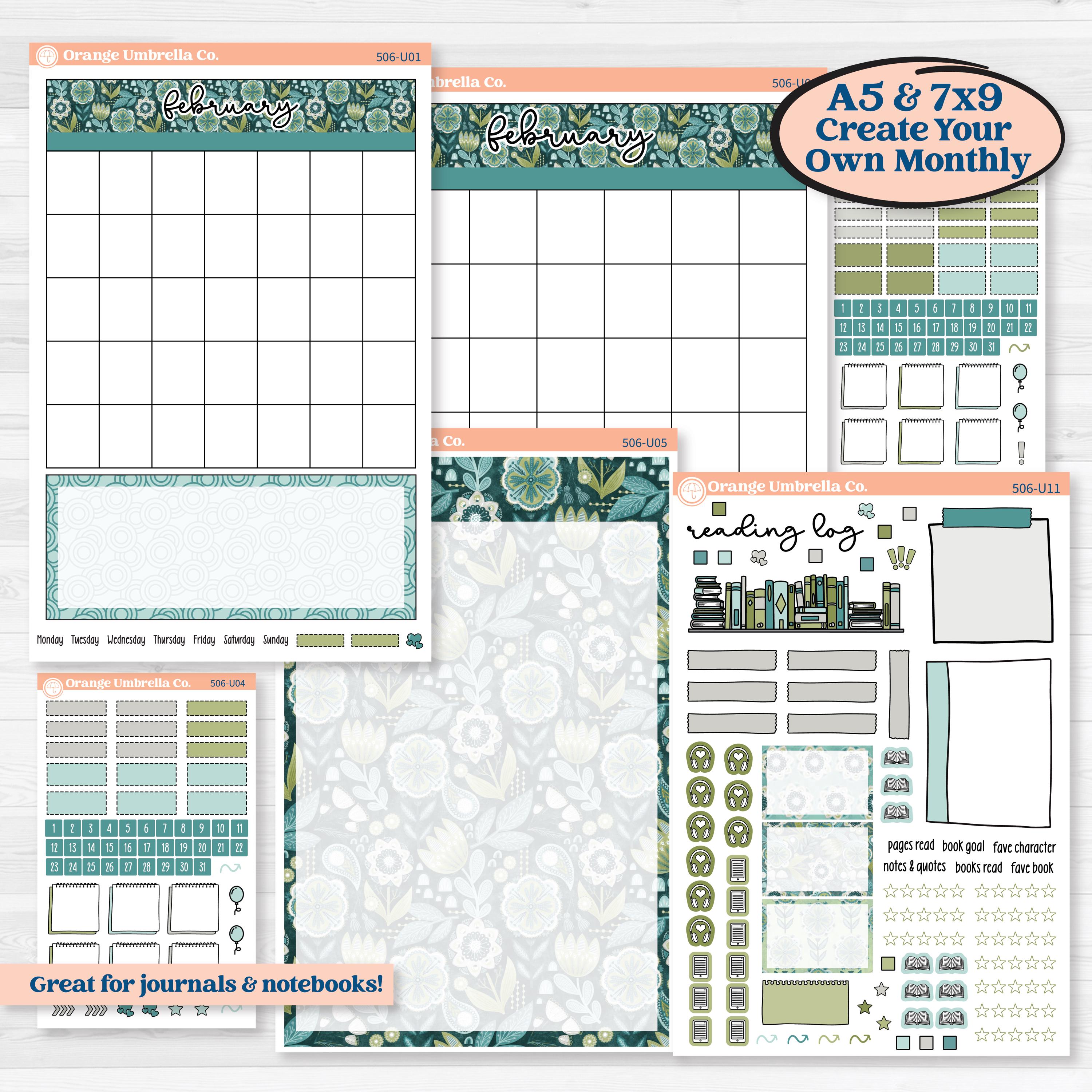 Soft Blue Florals | A5 or 7x9 Create Your Own Monthly or Dashboard Universal | Monthly & Reading Log Sticker Kit | Blue Flora | KIT-506-U