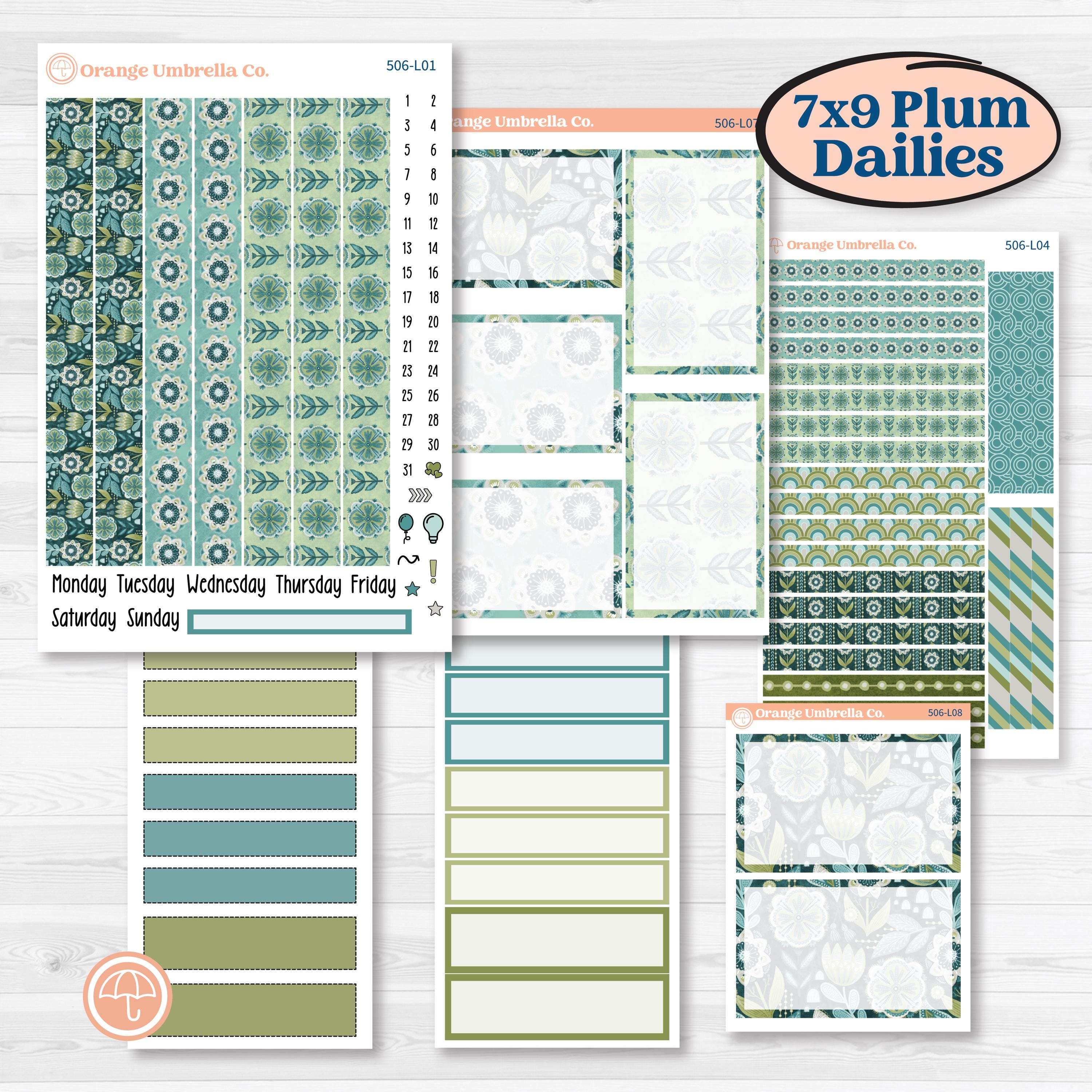 Soft Blue Florals Kit | 7x9 Plum Daily Planner Kit Stickers | Blue Flora | KIT-506-L