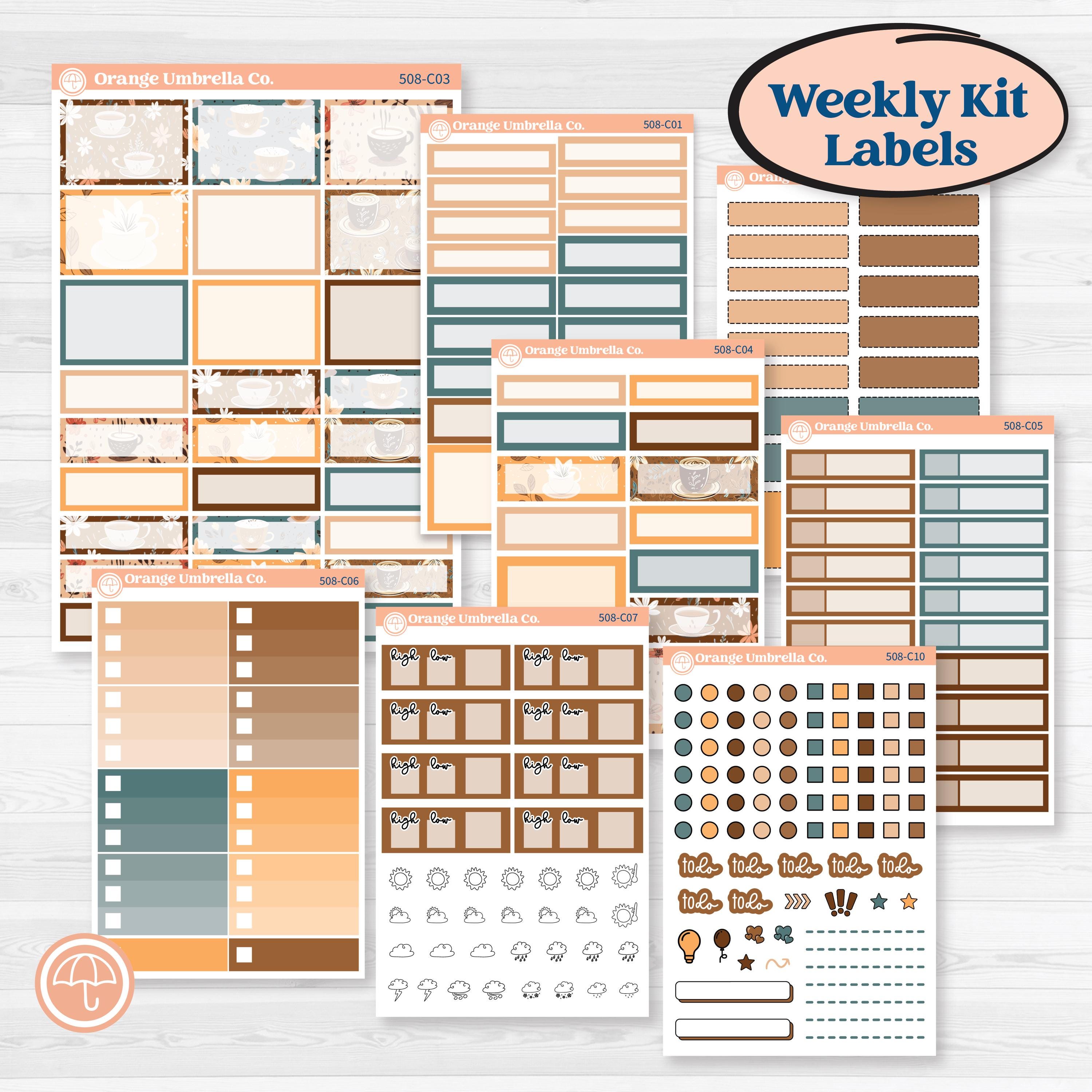 Coffee & Florals Sticker Kit | Weekly Add-On Labels Planner Kit Stickers | Mocha | KIT-508-C