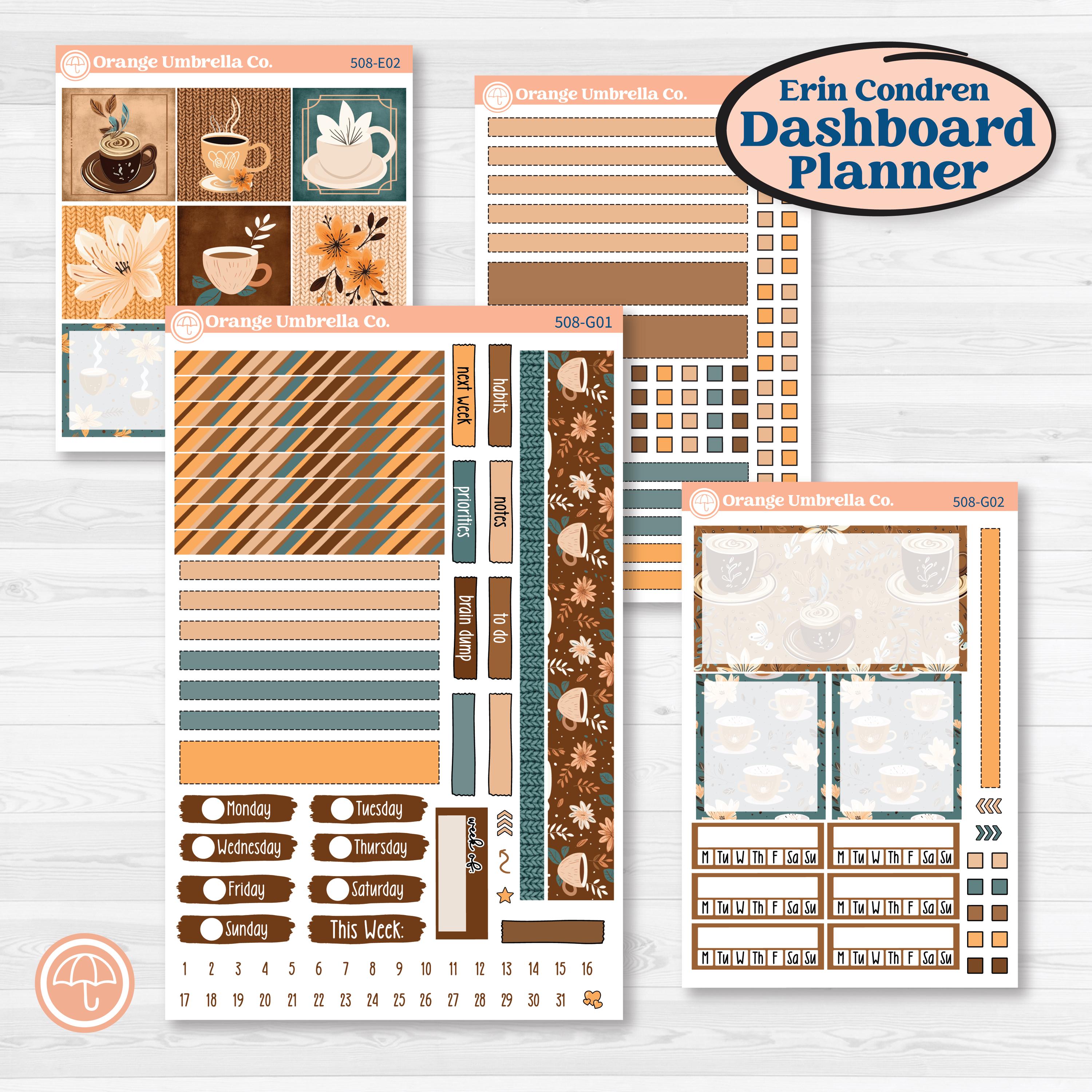 Coffee & Florals Sticker Kit | Erin Condren Weekly Dashboard Planner Kit Stickers | Mocha | KIT-508-G
