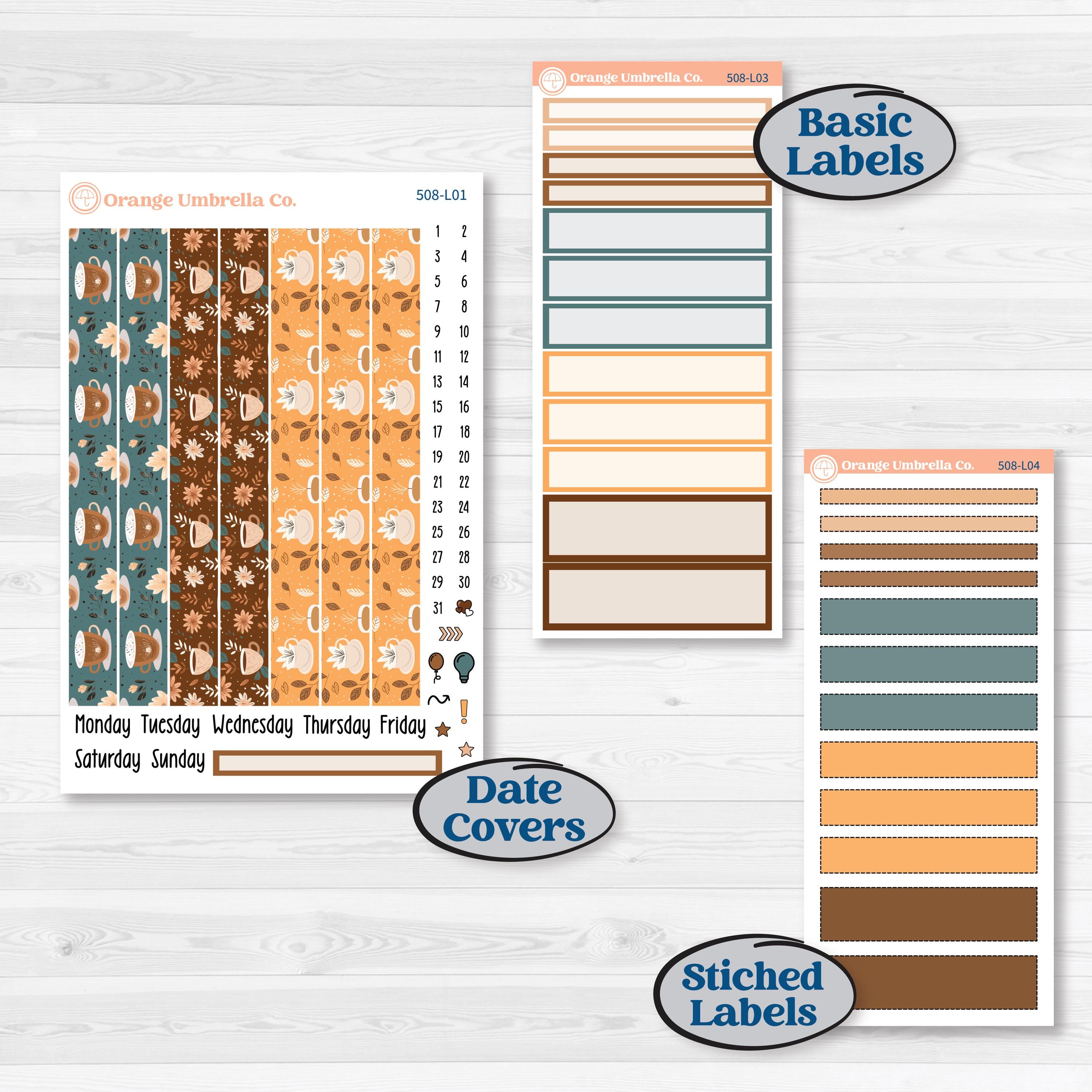 Coffee & Florals Sticker Kit | 7x9 Plum Daily Planner Kit Stickers | Mocha | KIT-508-L