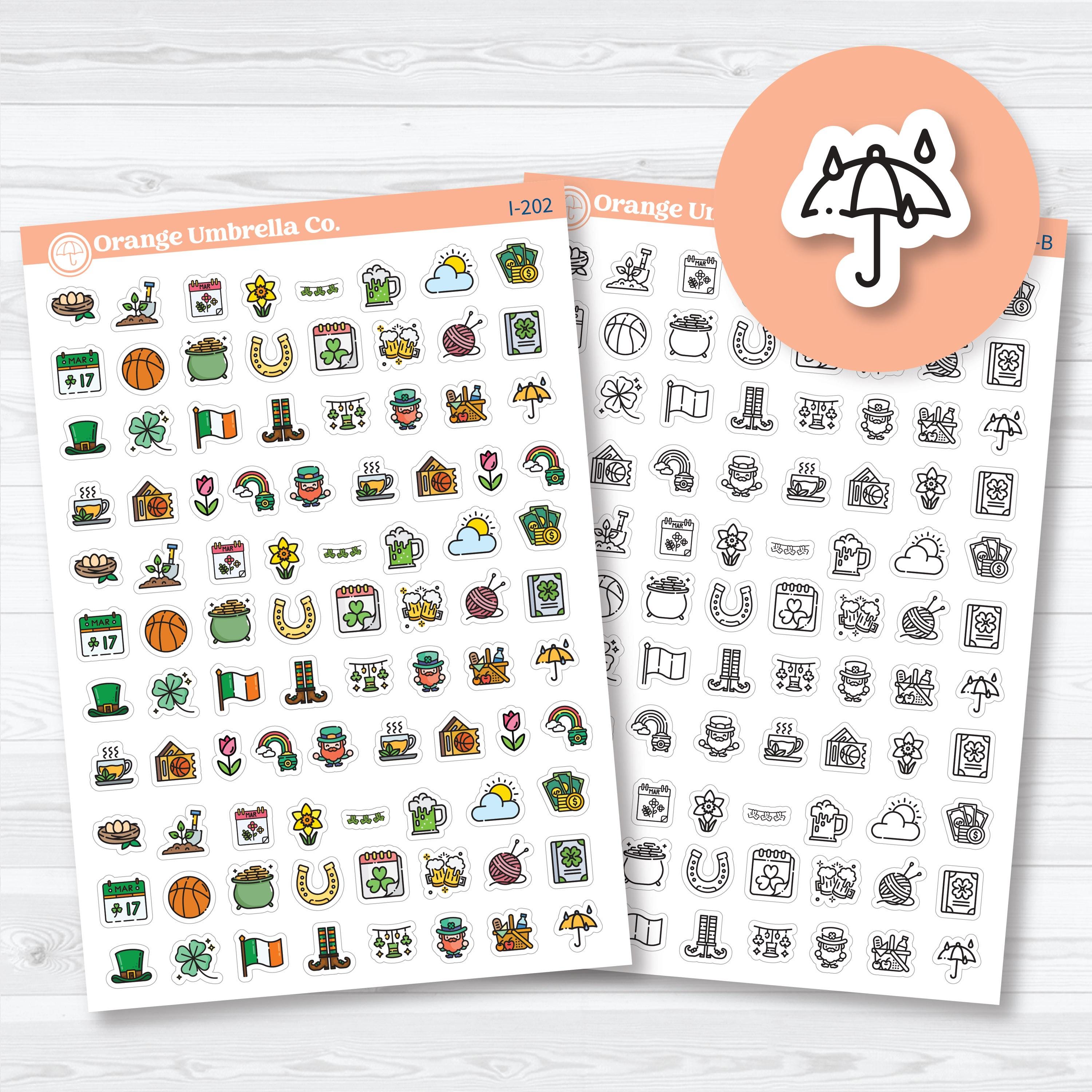 March and St. Patrick’s Day planner icon stickers with seasonal holiday designs on a white matte sticker sheet