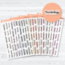 Clear matte hand doodled days of the week planner stickers with layered script lettering on transparent sticker paper