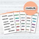 Hand doodled months of the year planner stickers with layered script lettering on a white matte sticker sheet