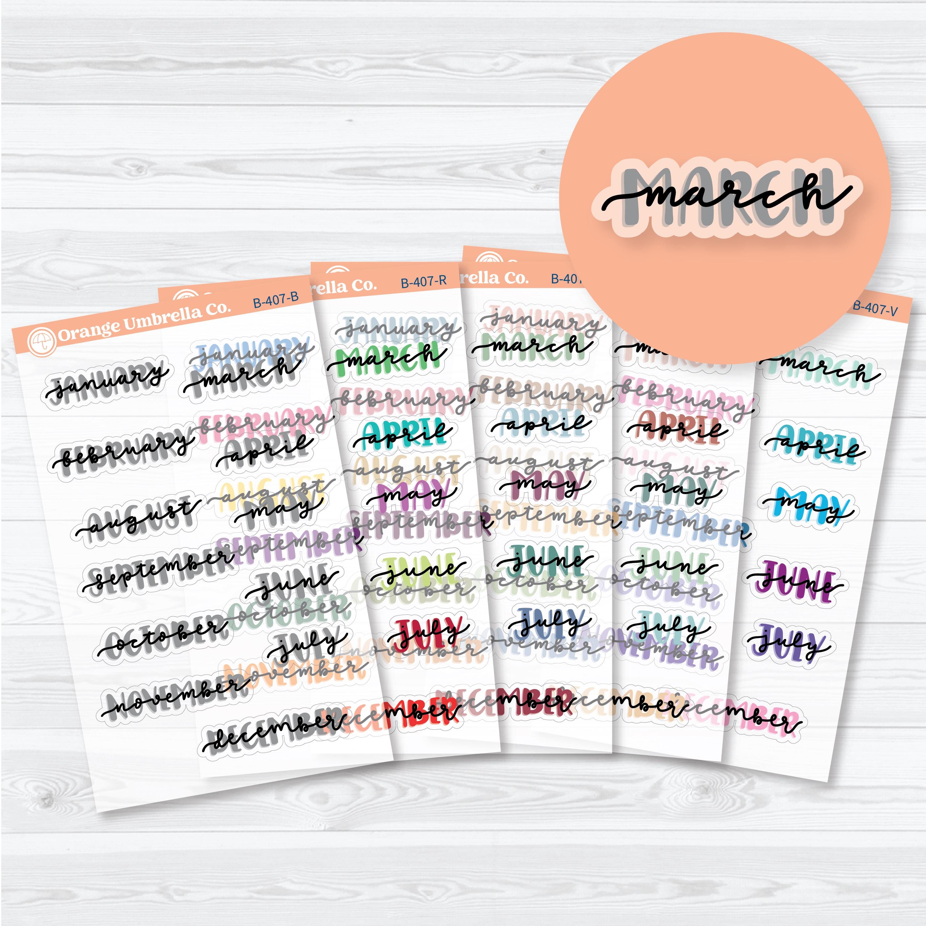 Clear matte hand doodled months of the year planner stickers with layered script lettering on transparent sticker paper