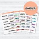 Clear matte hand doodled months of the year planner stickers with layered script lettering on transparent sticker paper