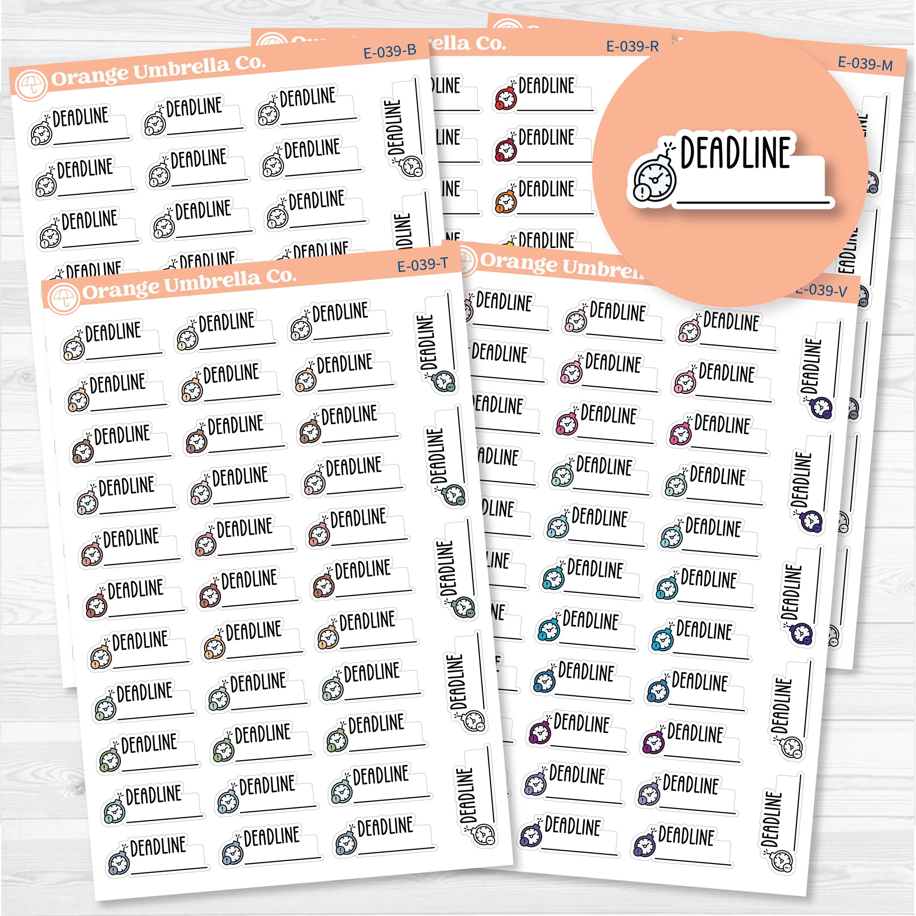 Deadline event label planner stickers with clock icons on a white matte sticker sheet