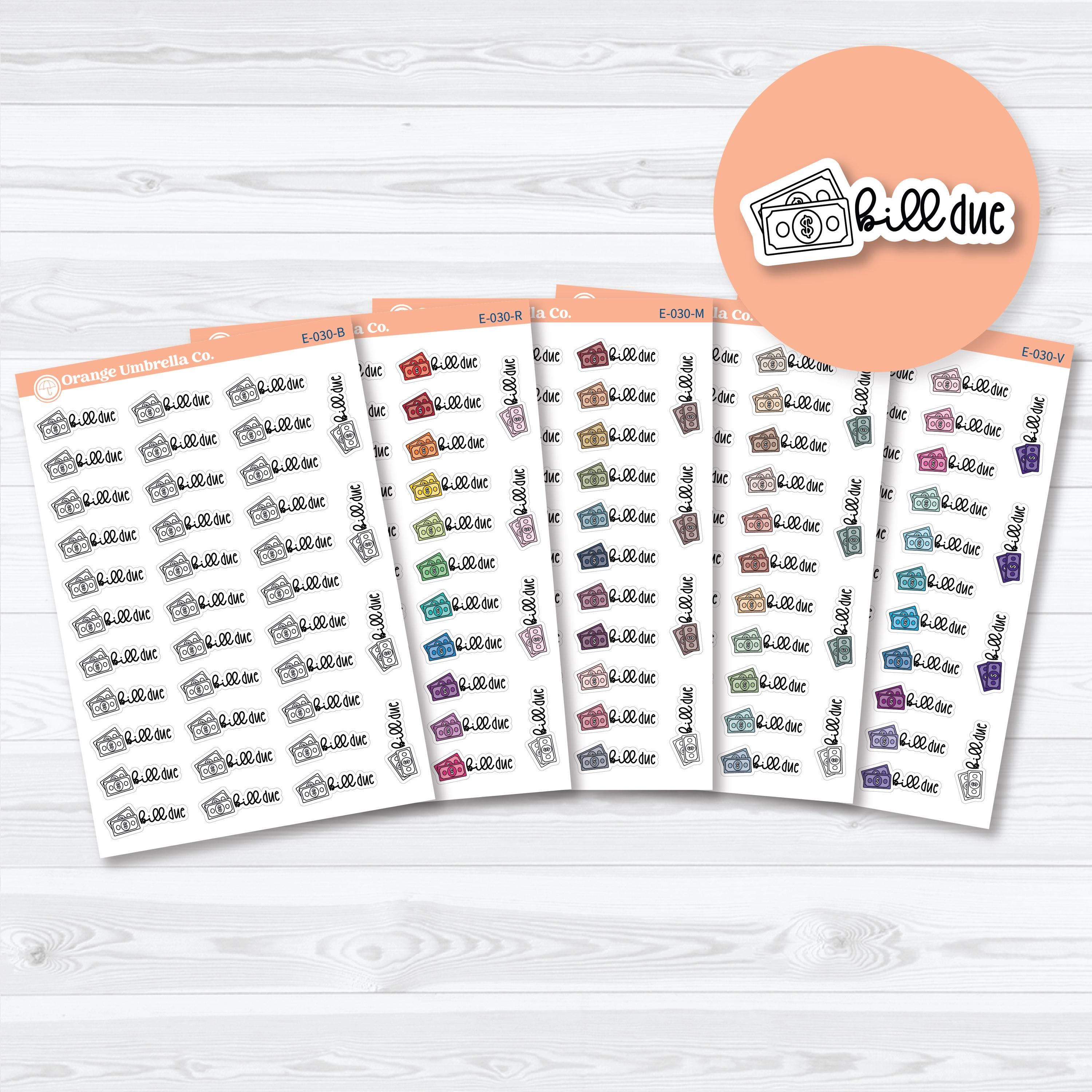Bill due F18 event label planner stickers with money icons on a white matte sticker sheet