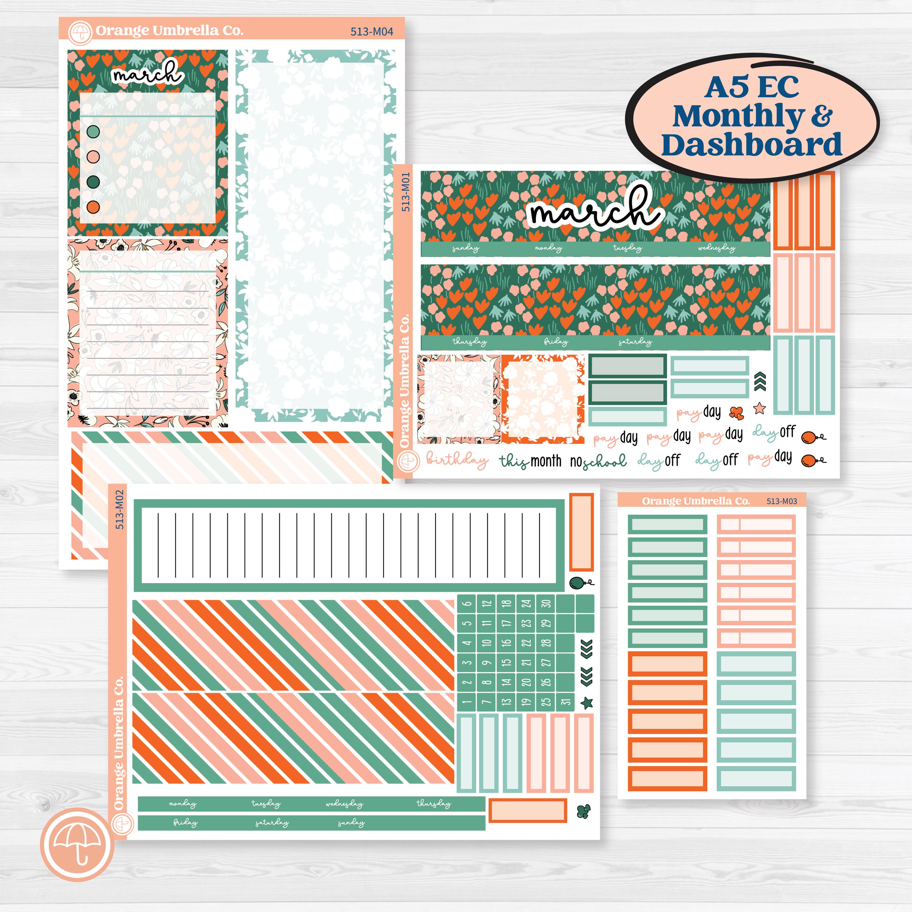 Playful March Florals | A5 Erin Condren Monthly & Productivity Dashboard Sticker Kit | Millie | KIT-513-M
