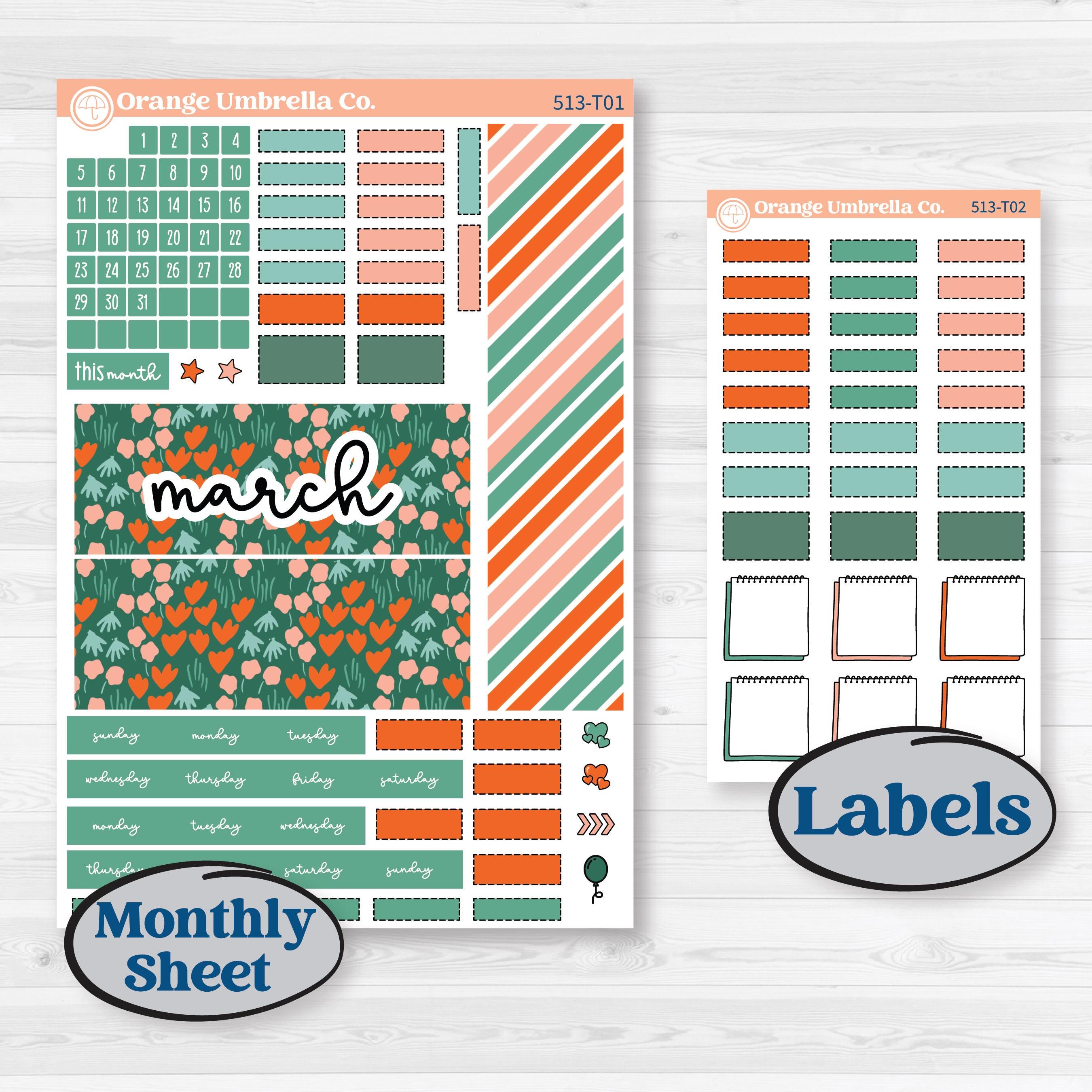 Playful March Florals | Hobonichi Weeks Monthly Planner Kit Stickers | Millie | KIT-513-T