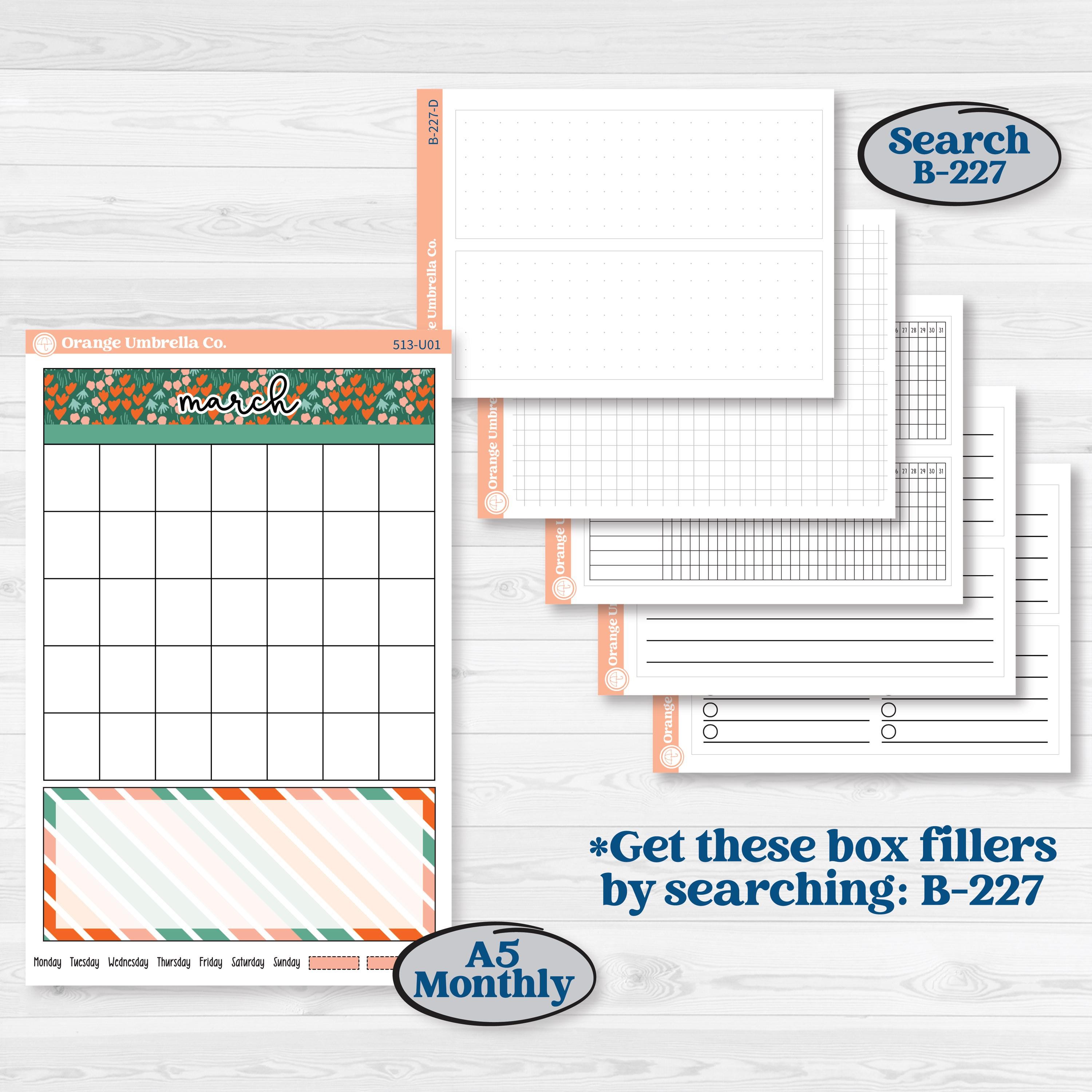 Playful March Florals | A5 or 7x9 Create Your Own Monthly or Dashboard Universal | Monthly & Reading Log Sticker Kit | Millie | KIT-513-U