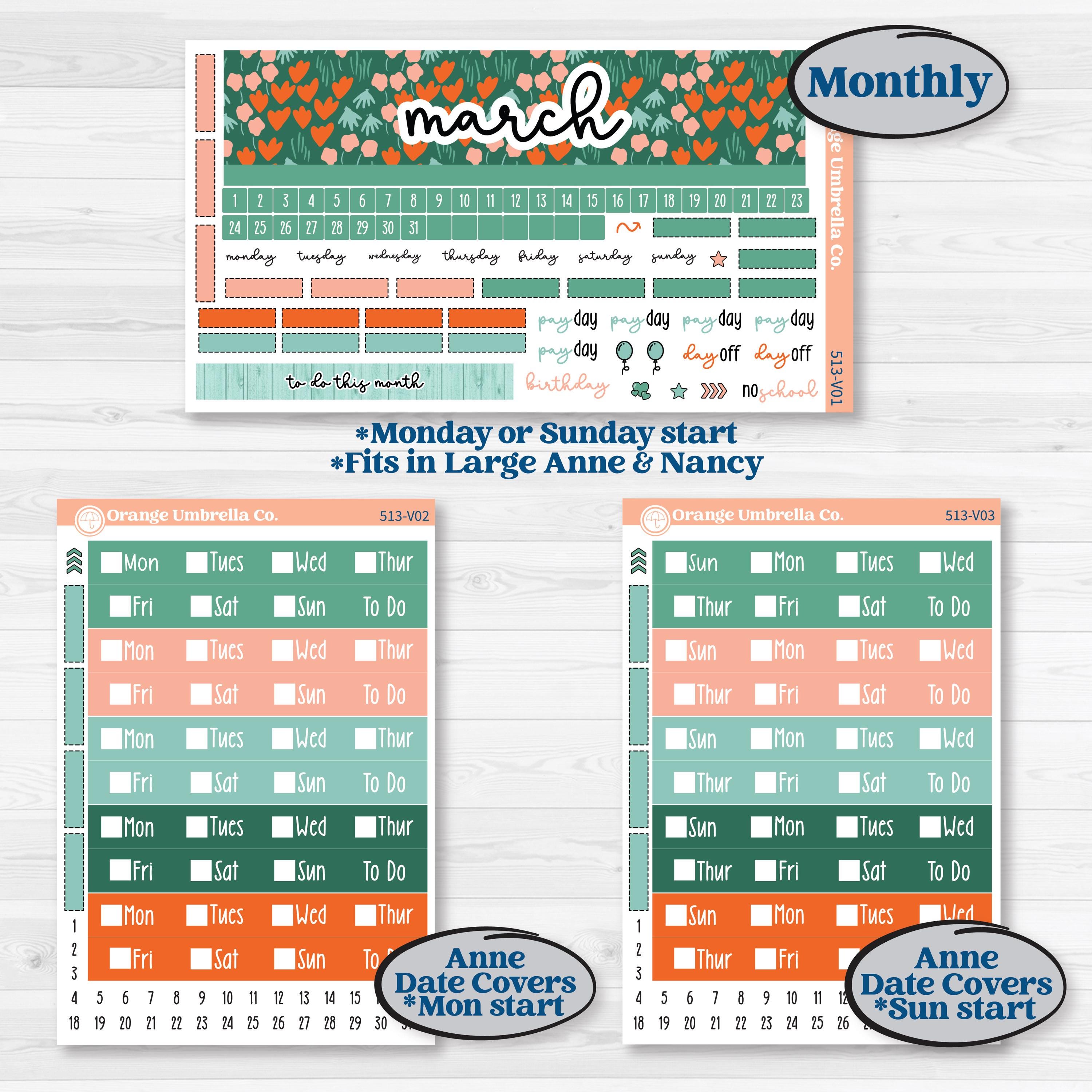 Playful March Florals | Laurel Denise Nancy Large & Anne Large Planner Kit Stickers | Millie | KIT-513-V