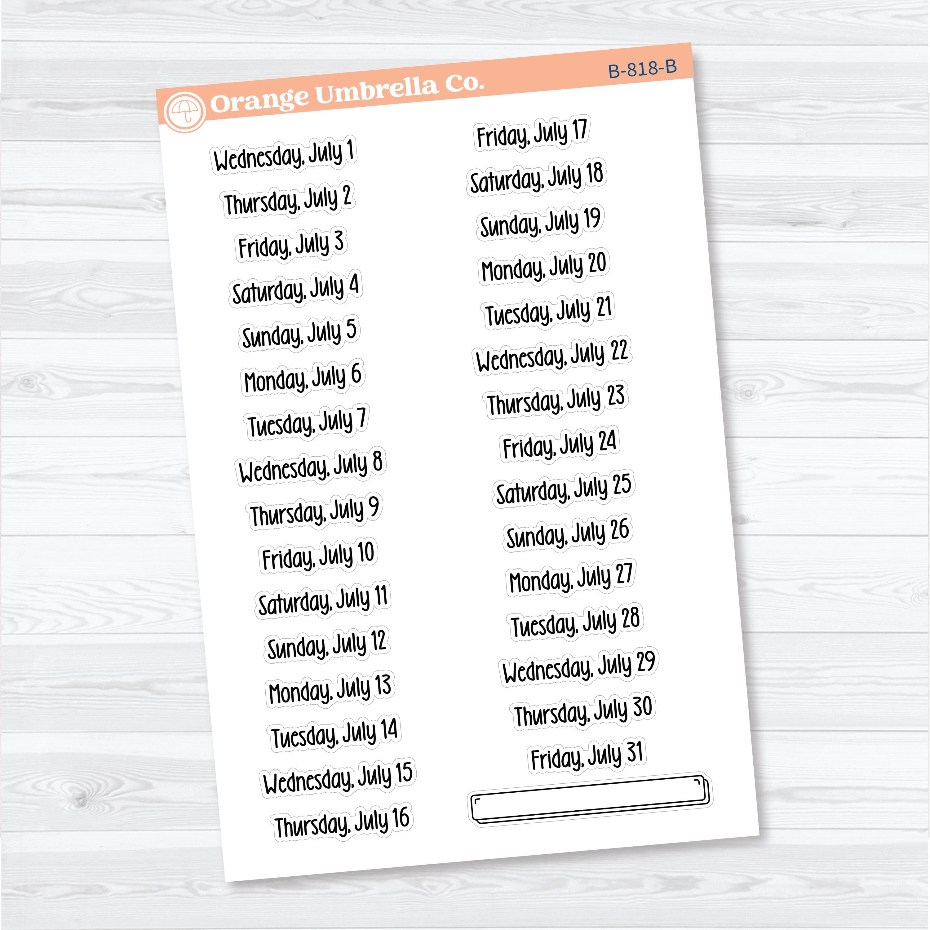 2026 Dates of the Month Stickers | F18 | Planner Stickers | B-818–823-B