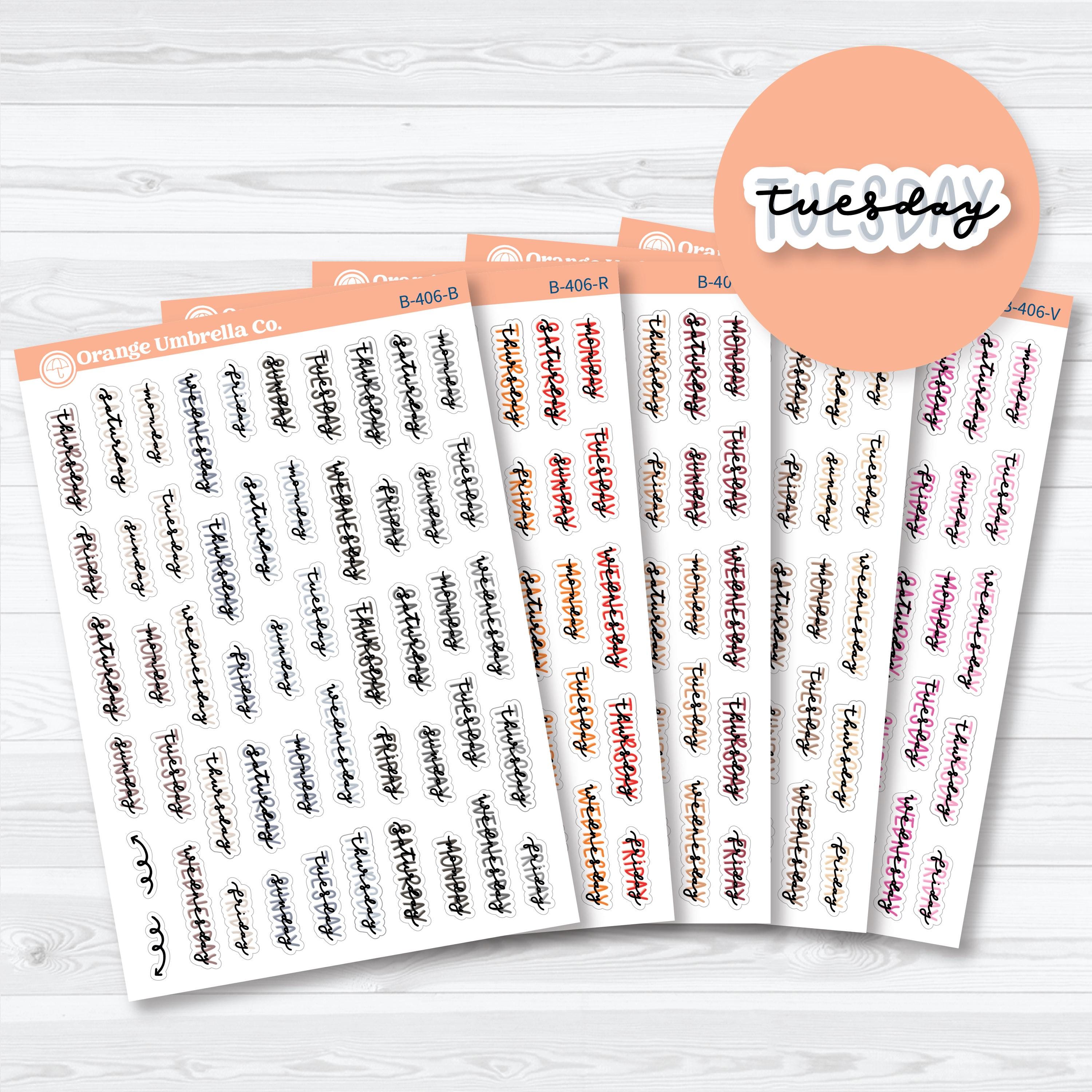 Hand doodled days of the week planner stickers with layered script lettering on a white matte sticker sheet
