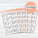 Hand doodled days of the week planner stickers with layered script lettering on a white matte sticker sheet
