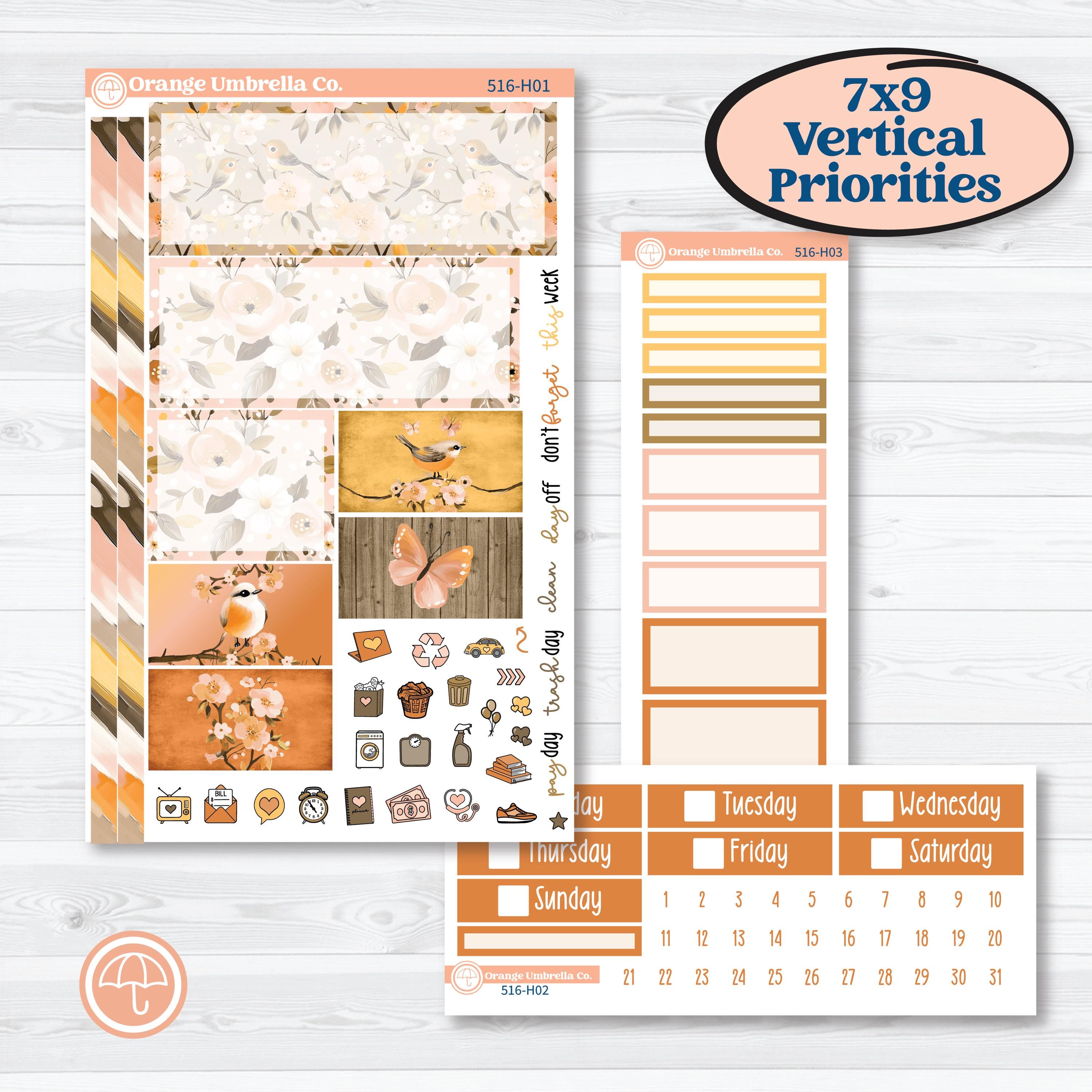 Spring Birds | Plum Vertical Priorities 7x9 Planner Kit Stickers | Nectar | KIT-516-H
