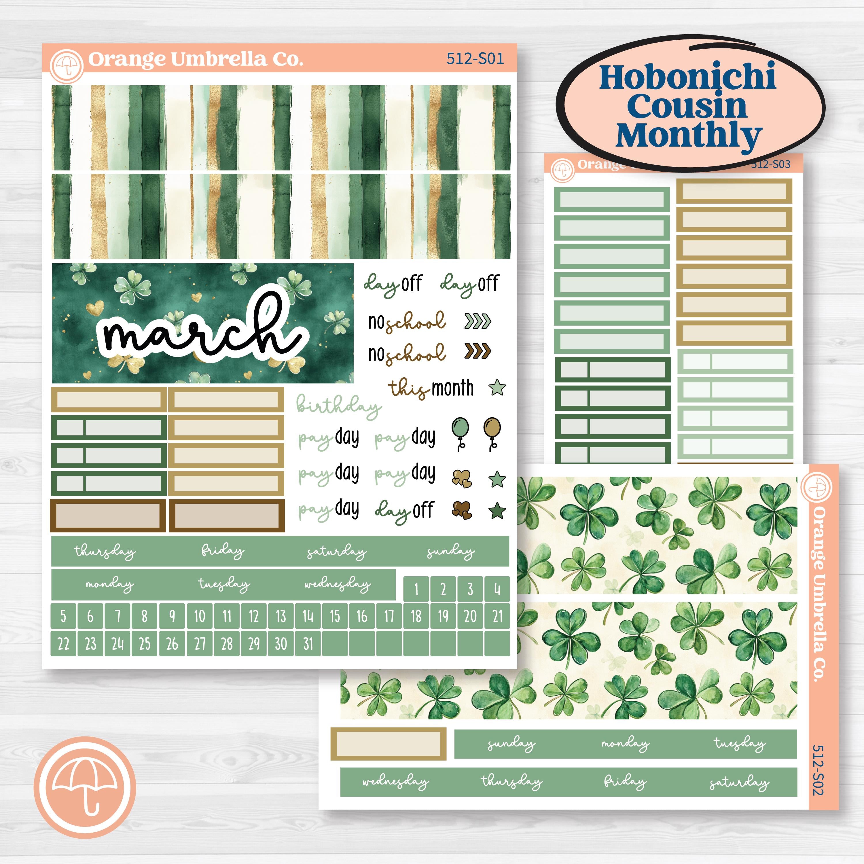 St. Patrick’s Day | Hobonichi Cousin Monthly Planner Kit Stickers | Emerald Isle | KIT-512-S