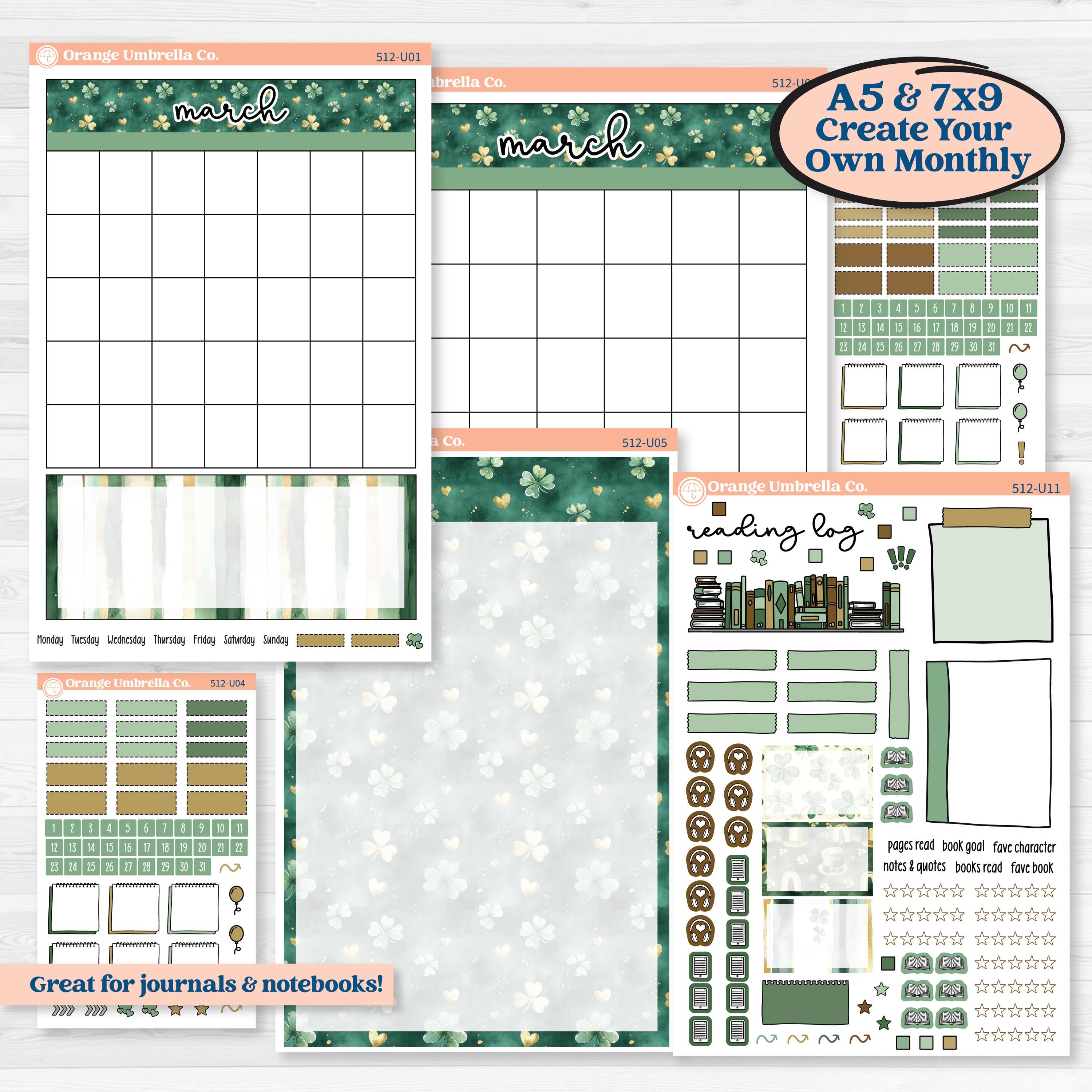 St. Patrick’s Day | A5 or 7x9 Create Your Own Monthly or Dashboard Universal | Monthly & Reading Log Sticker Kit | Emerald Isle | KIT-512-U