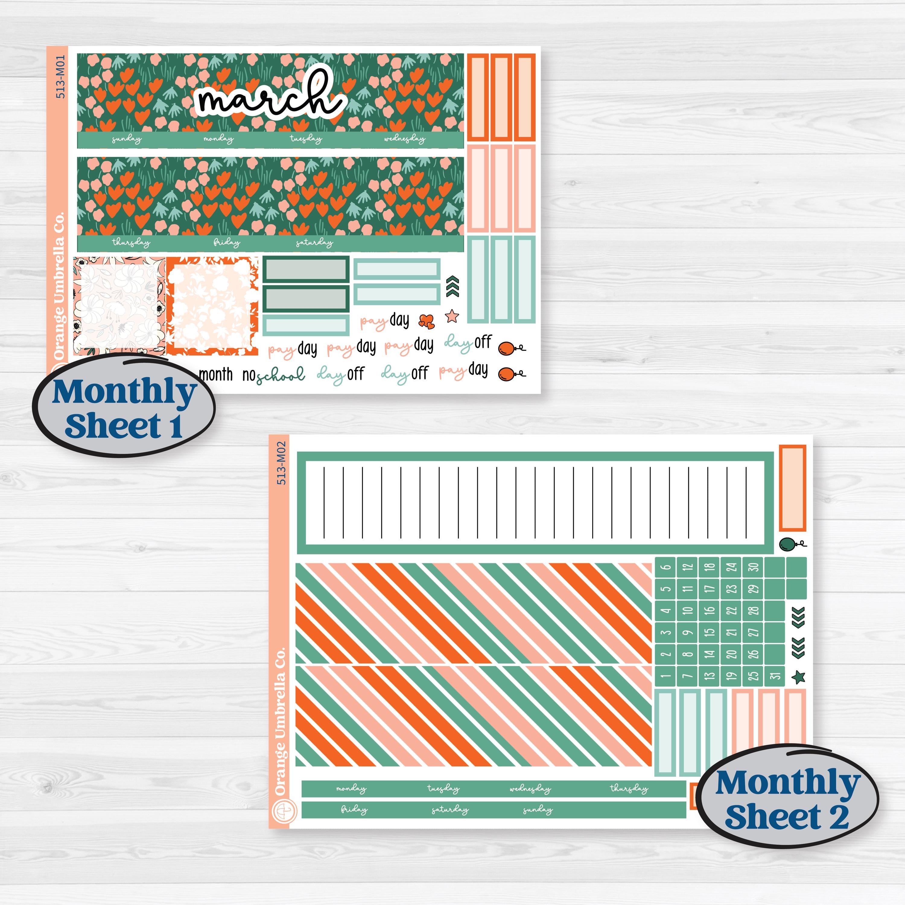 Playful March Florals | A5 Erin Condren Monthly & Productivity Dashboard Sticker Kit | Millie | KIT-513-M