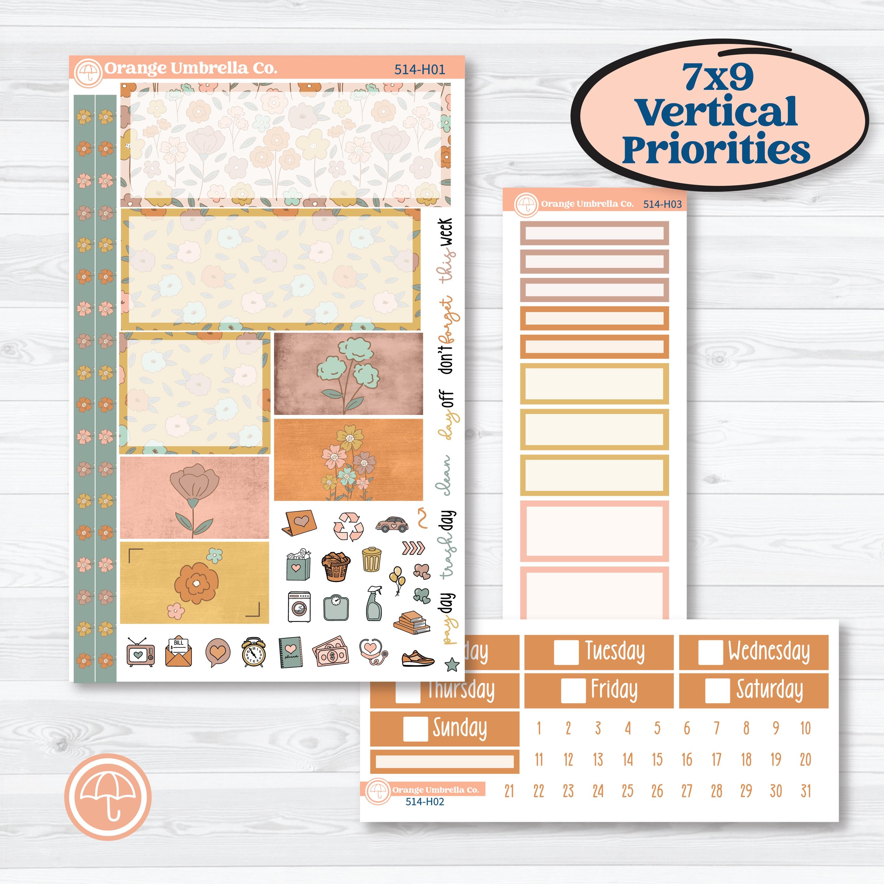 Early Spring Florals | Plum Vertical Priorities 7x9 Planner Kit Stickers | Grow | KIT-514-H