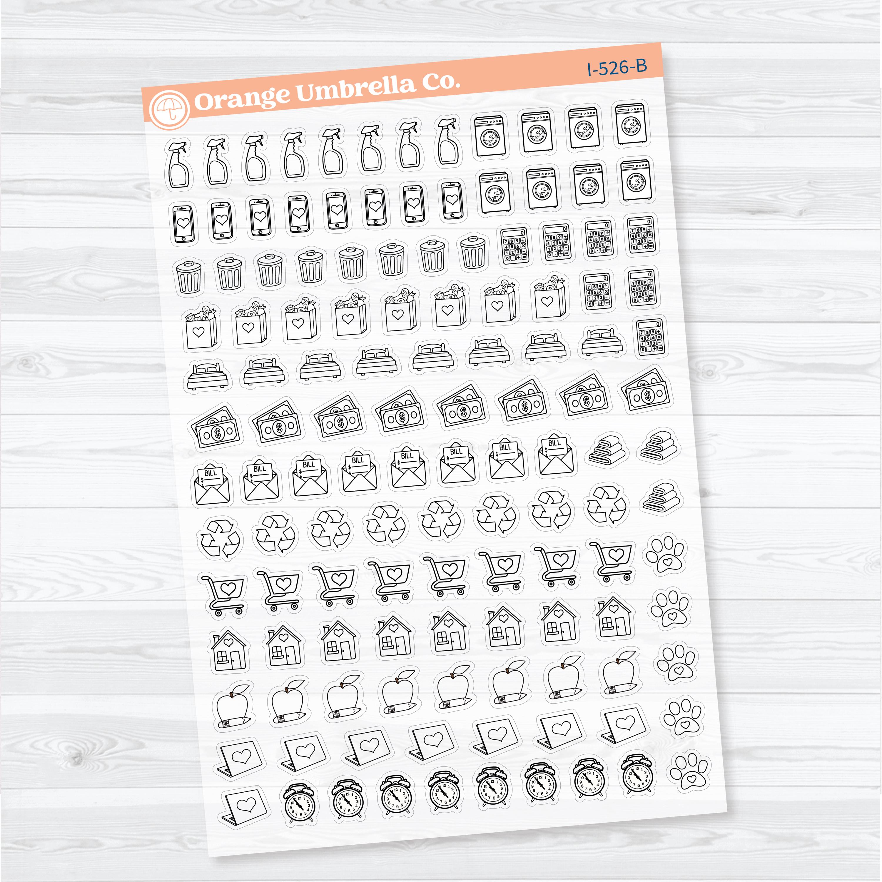 Home, Chores & Appointments Icon Sampler | Clear Matte Planner Stickers | I-526-CM