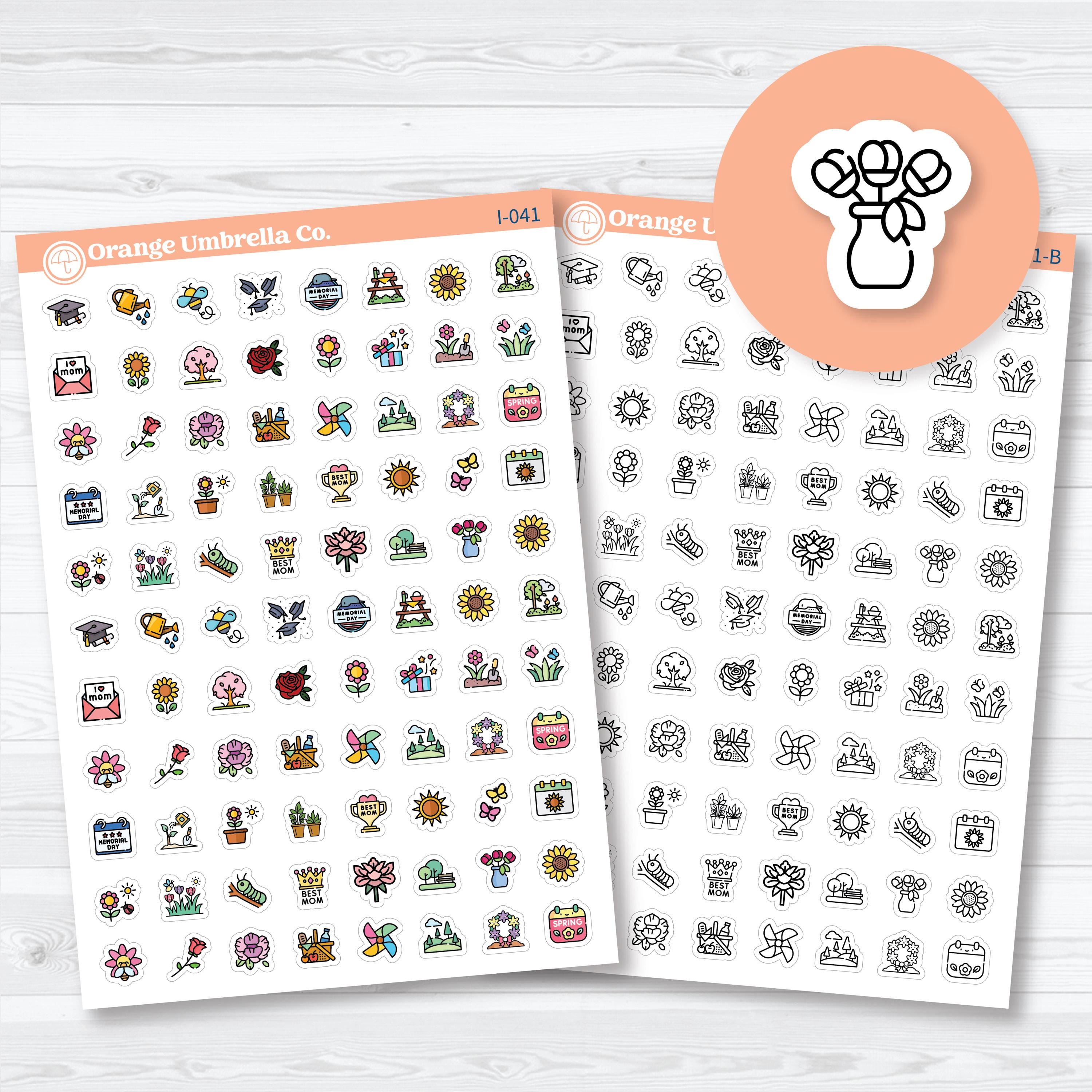 May holiday and spring planner icon stickers with hand doodled seasonal and floral designs