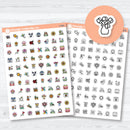 May holiday and spring planner icon stickers with hand doodled seasonal and floral designs