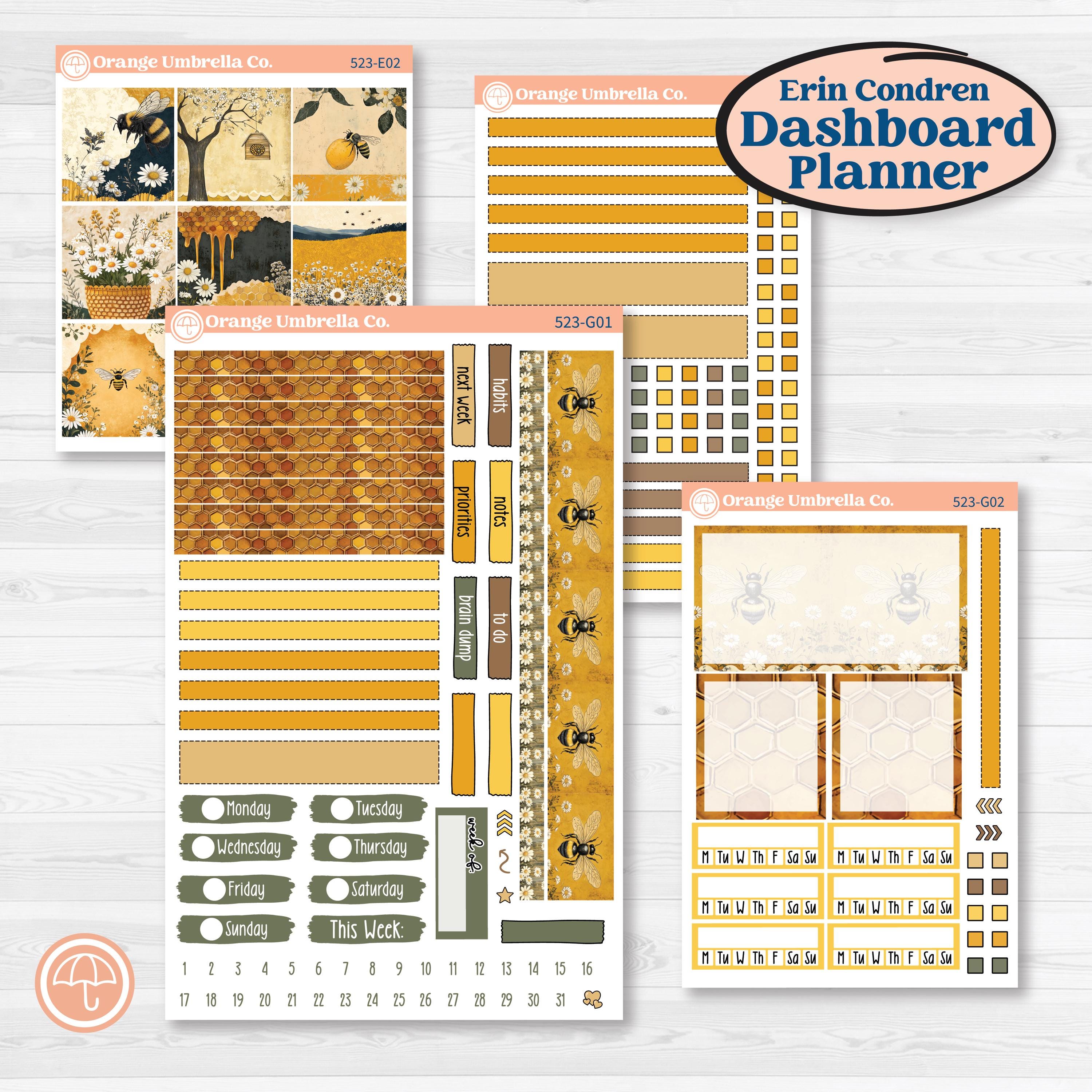 Honeybee Garden | Erin Condren Weekly Dashboard Planner Kit Stickers | Bumble | KIT-523-G