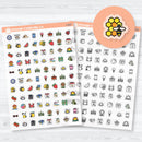 Clear matte June planner icon stickers with tiny summer icons including fruit, sunshine, beach items, and seasonal planning symbols