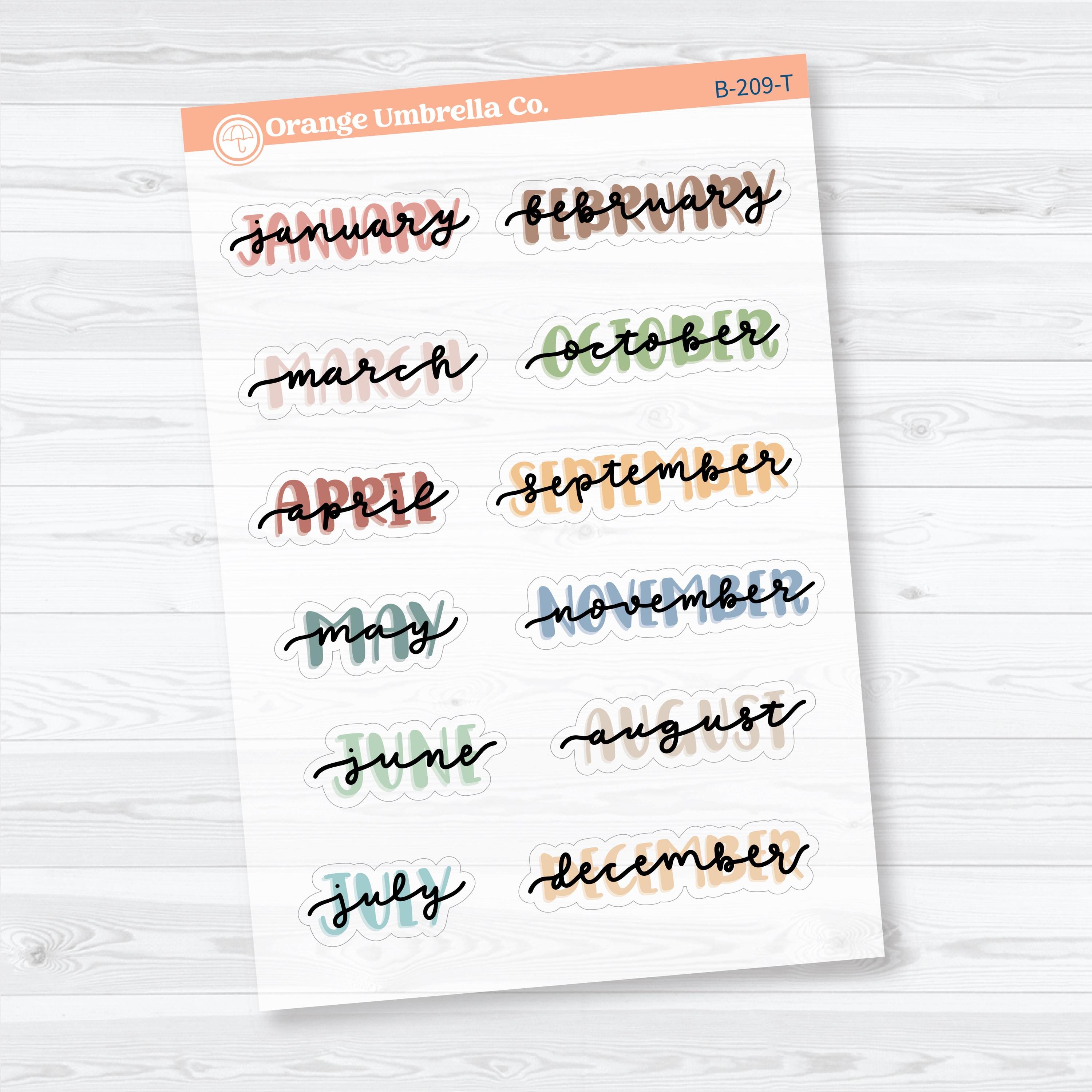 Hand Doodled Month Clear Matte Planner Stickers | Medium Planner Month Labels | B-209-CM