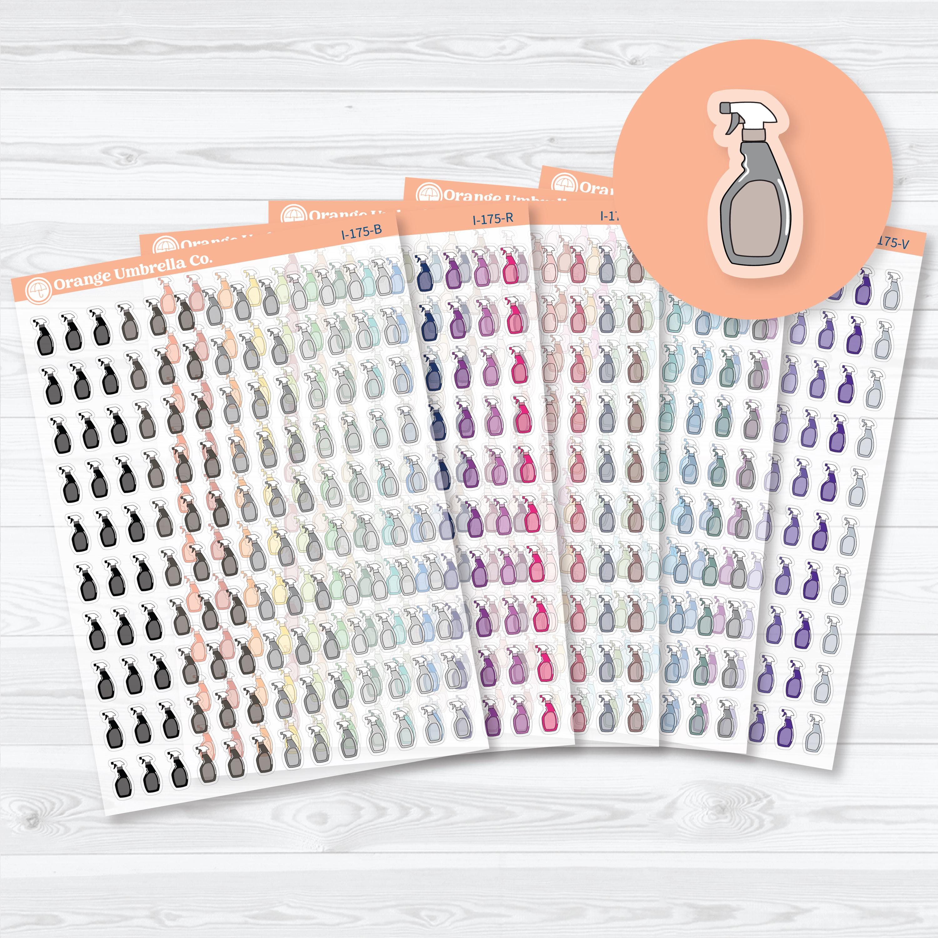 Clear matte cleaning spray bottle icon planner stickers on transparent sticker sheet