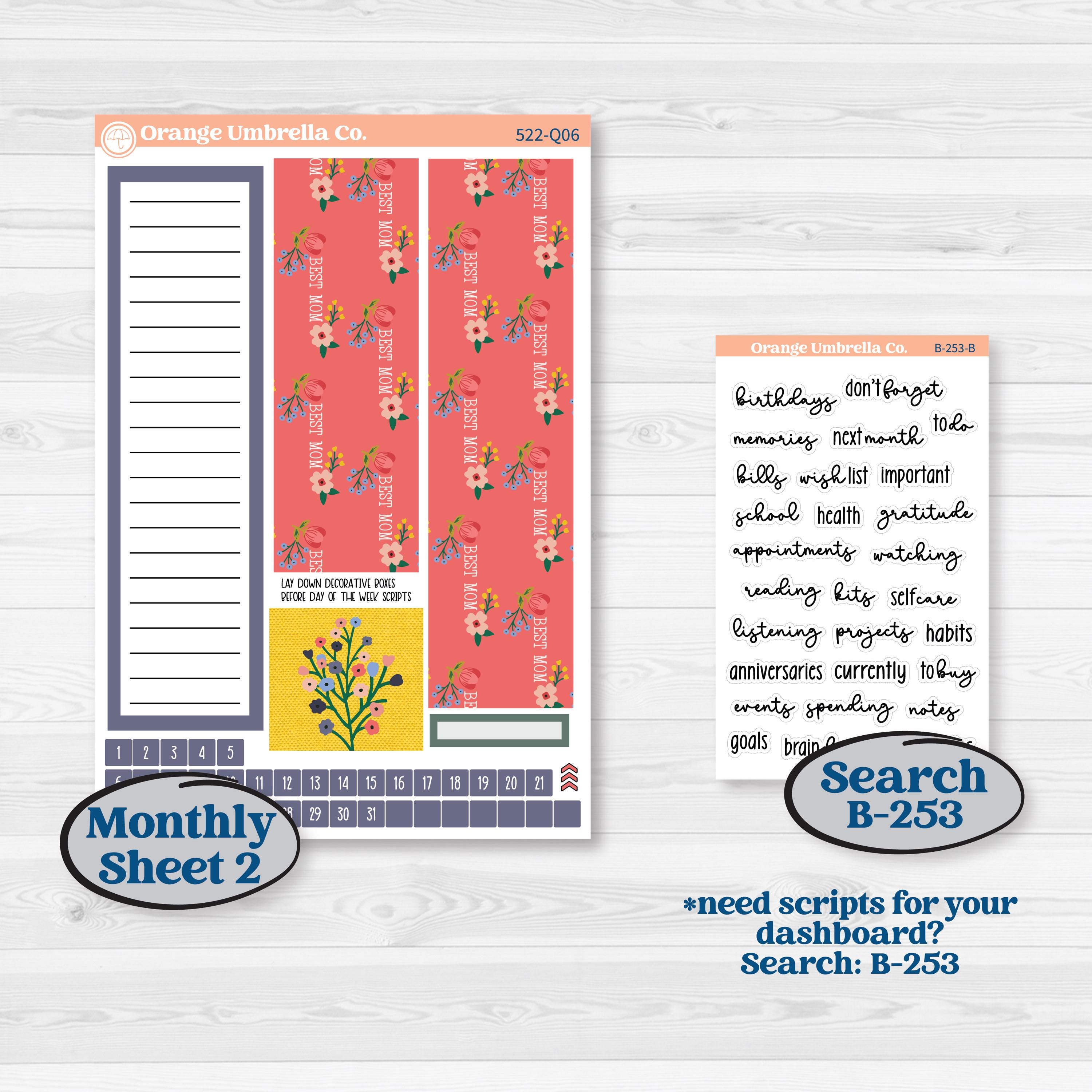 Mother’s Day | 7x9 Plum Monthly & Dashboard Planner Kit Stickers | Best Mom | KIT-522-Q