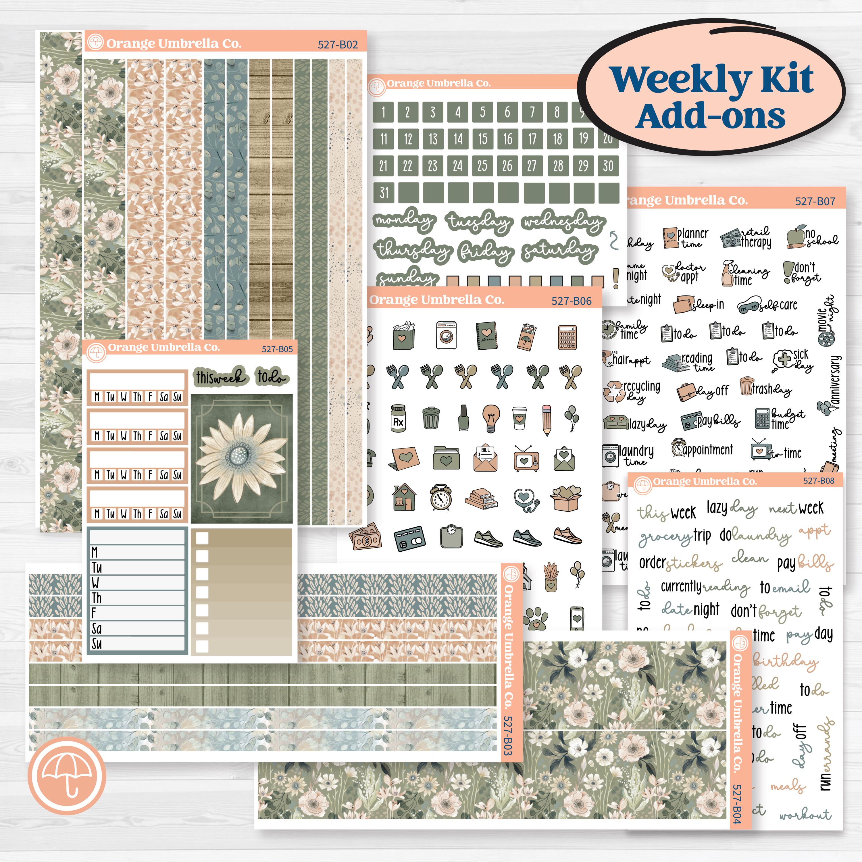 Neutral Botanical | Weekly Add-On Planner Kit Stickers | Sage | KIT-517-B