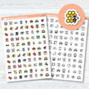 June themed planner icon stickers with tiny summer icons including fruit, sunshine, beach items, and seasonal planning symbols