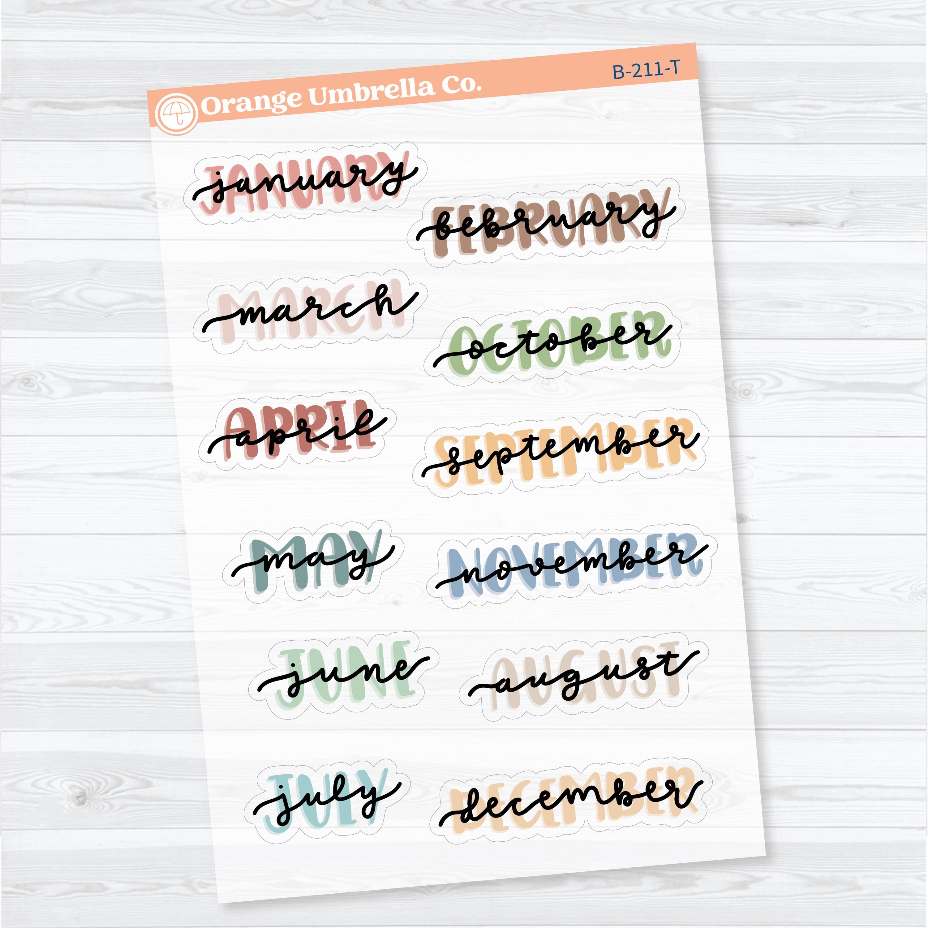 Large Hand Doodled Month Clear Matte Planner Stickers | Large Planner Month Labels | B-211-CM