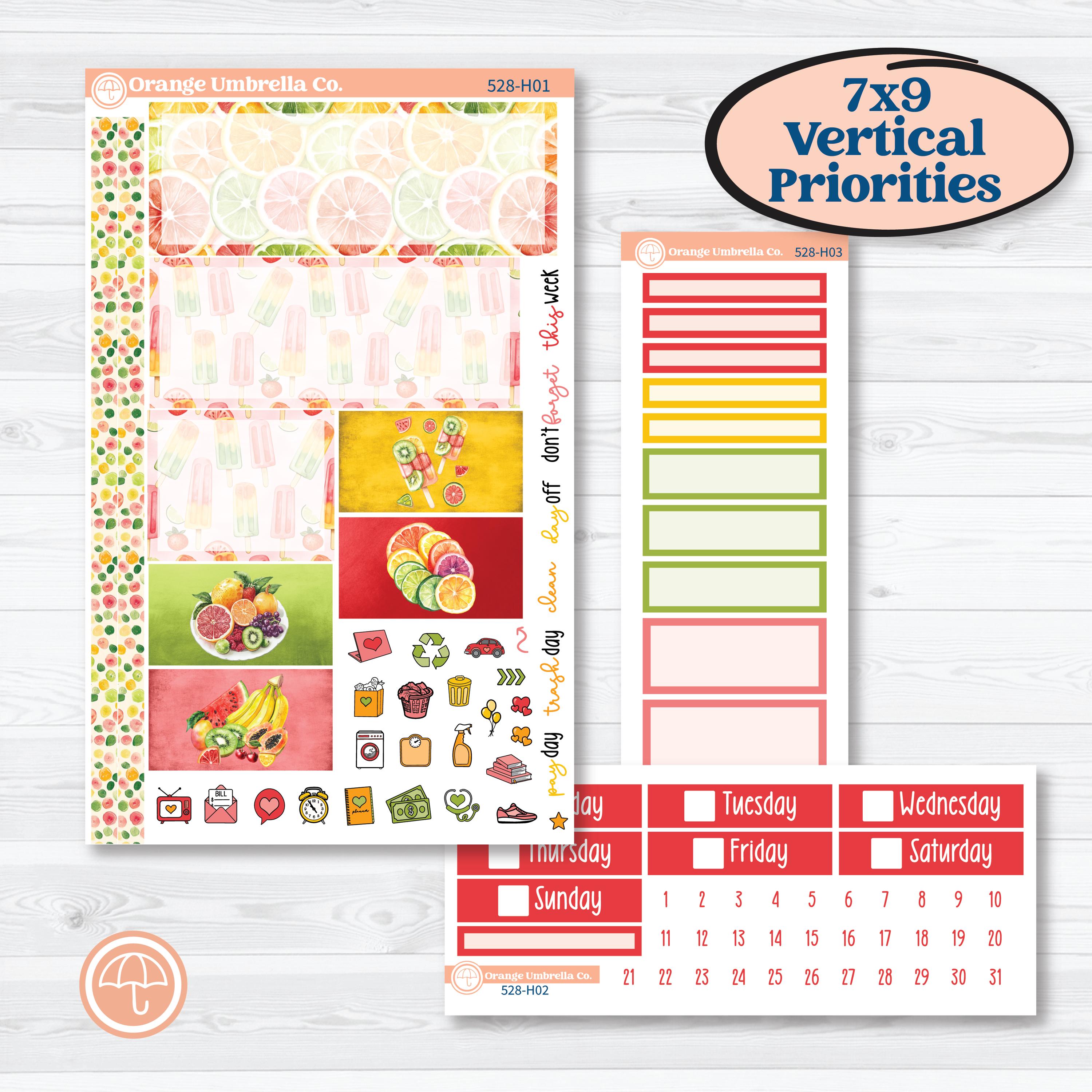 Bright Fruit Stickers | Plum Vertical Priorities 7x9 Planner Kit Stickers | Burst | KIT-528-H