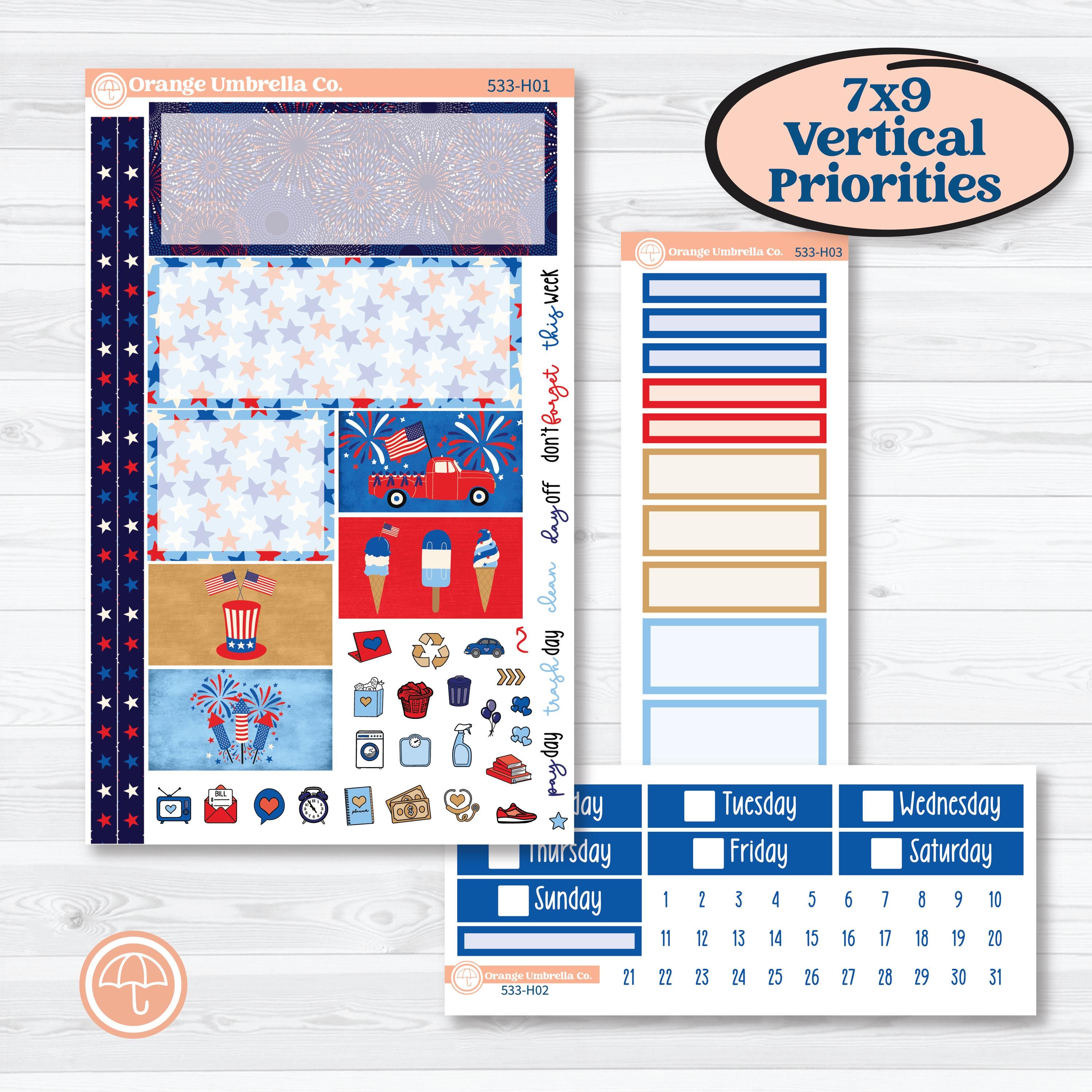 Fourth of July | Plum Vertical Priorities 7x9 Planner Kit Stickers | Red White & Kaboom | KIT-533-H