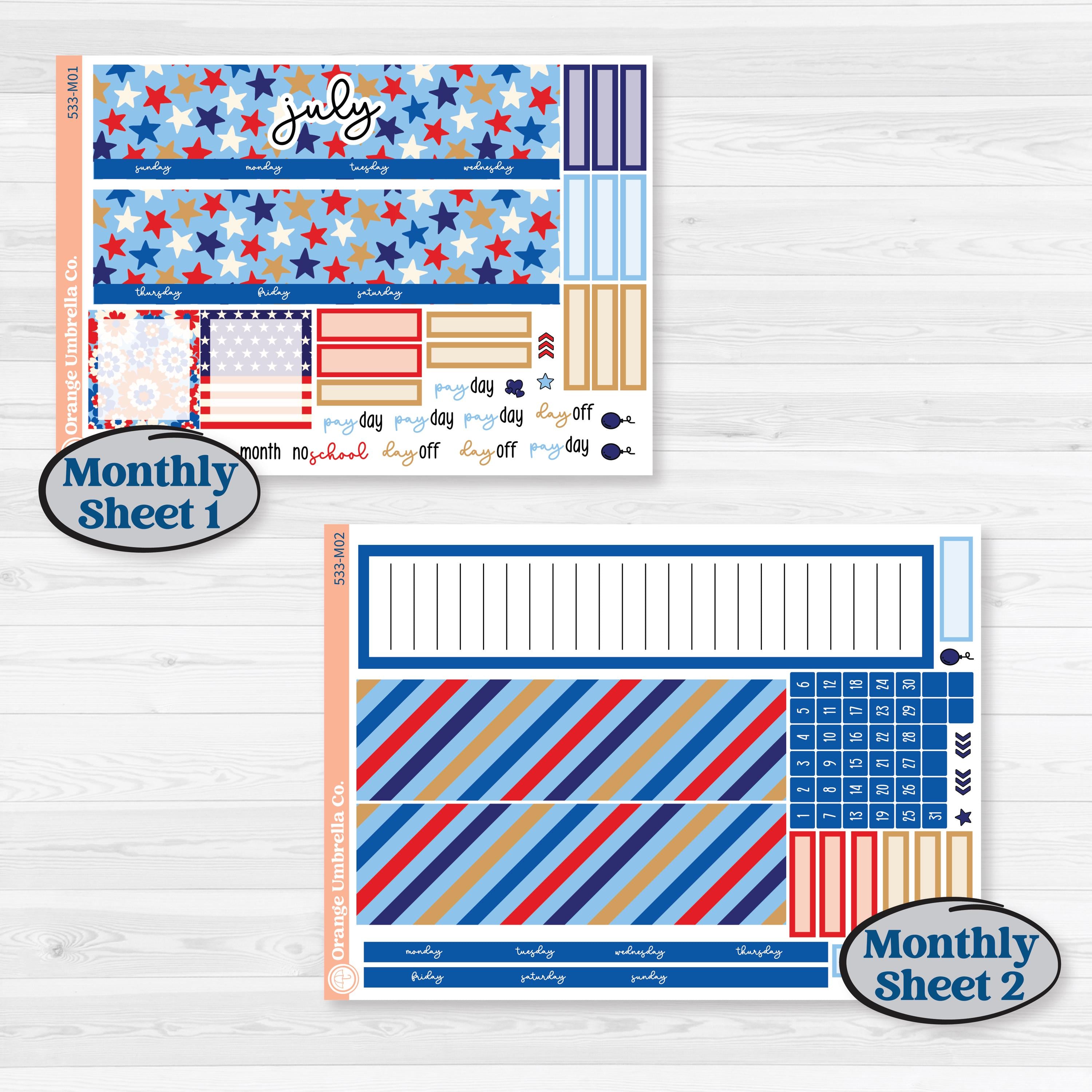 Fourth of July | A5 Erin Condren Monthly + Productivity Dashboard Sticker Kit | Red White & Kaboom | KIT-533-M