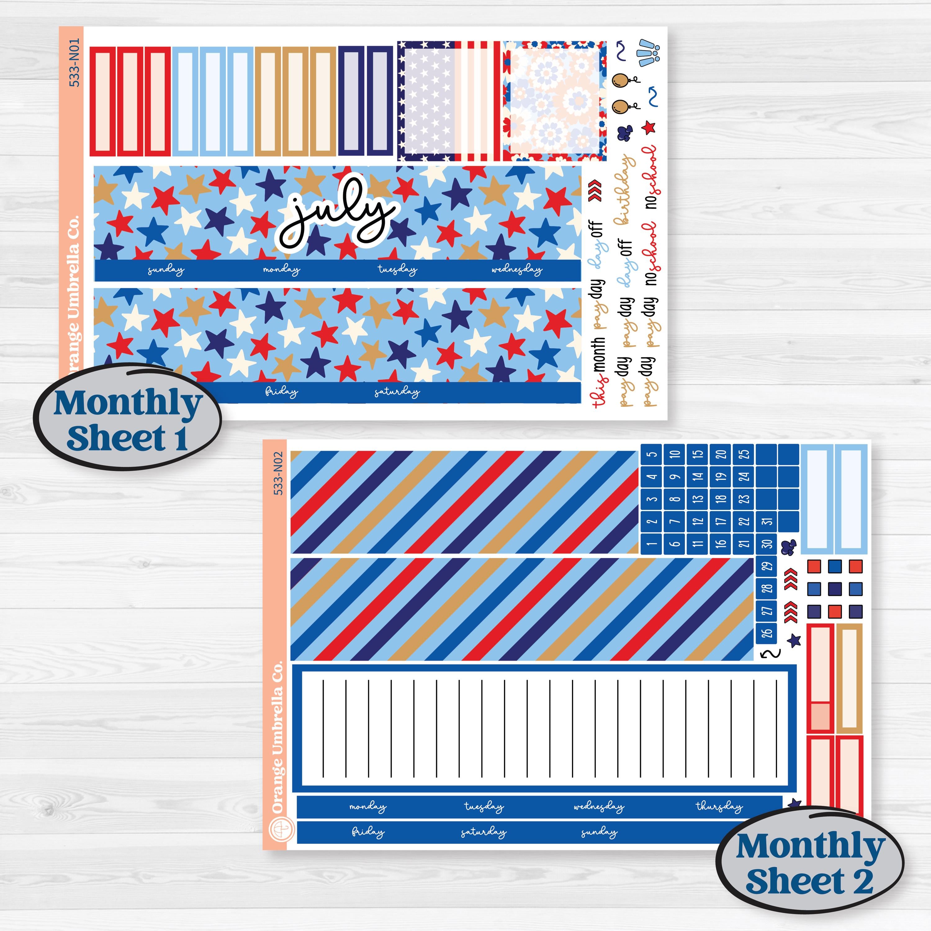 Fourth of July | 7x9 Erin Condren Life Planner Monthly + Dashboard Sticker Kit | Red White & Kaboom | KIT-533-N