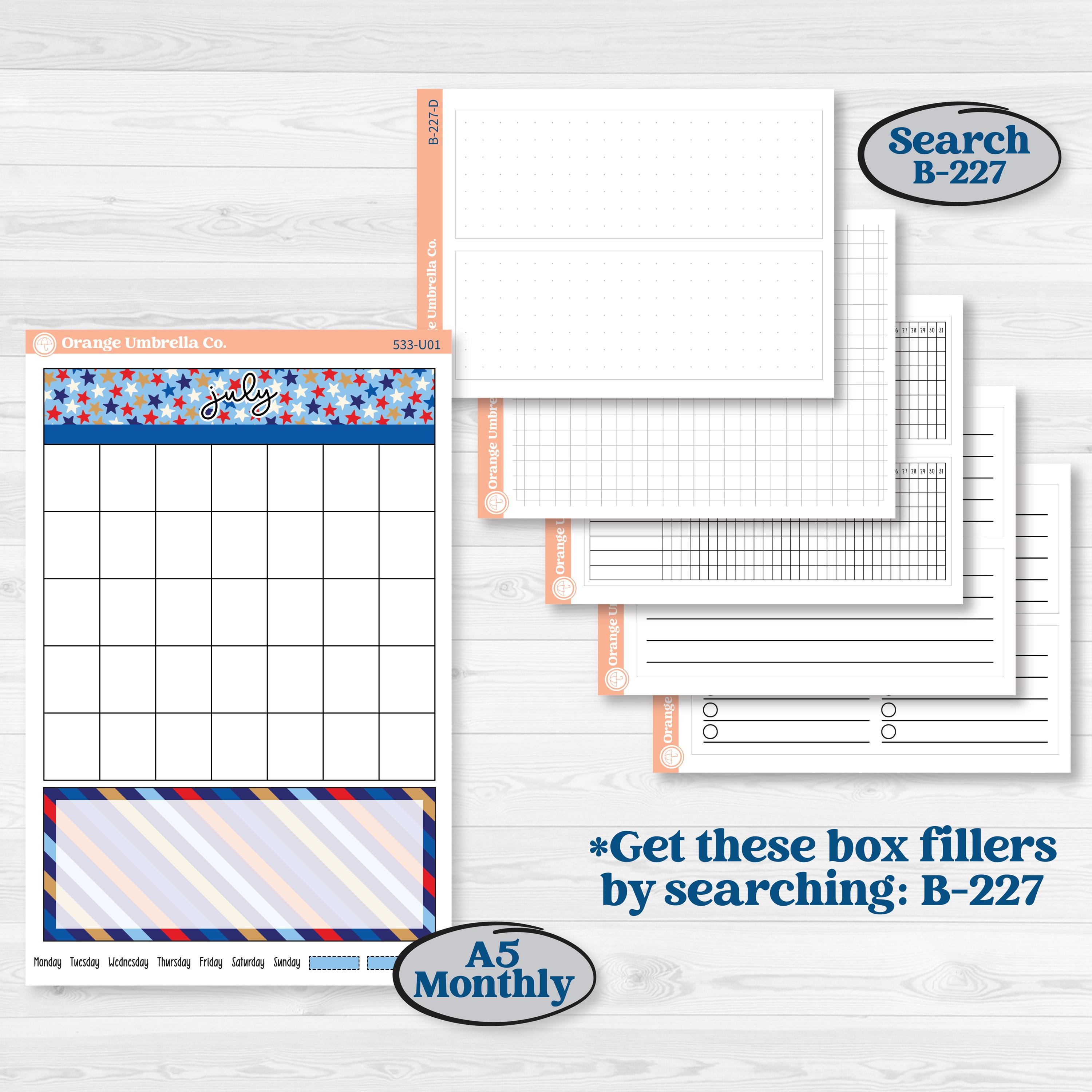Fourth of July | A5 7x9 Create Your Own Monthly or Dashboard Universal | Monthly + Reading Log Sticker Kit | Red White & Kaboom | KIT-533-U
