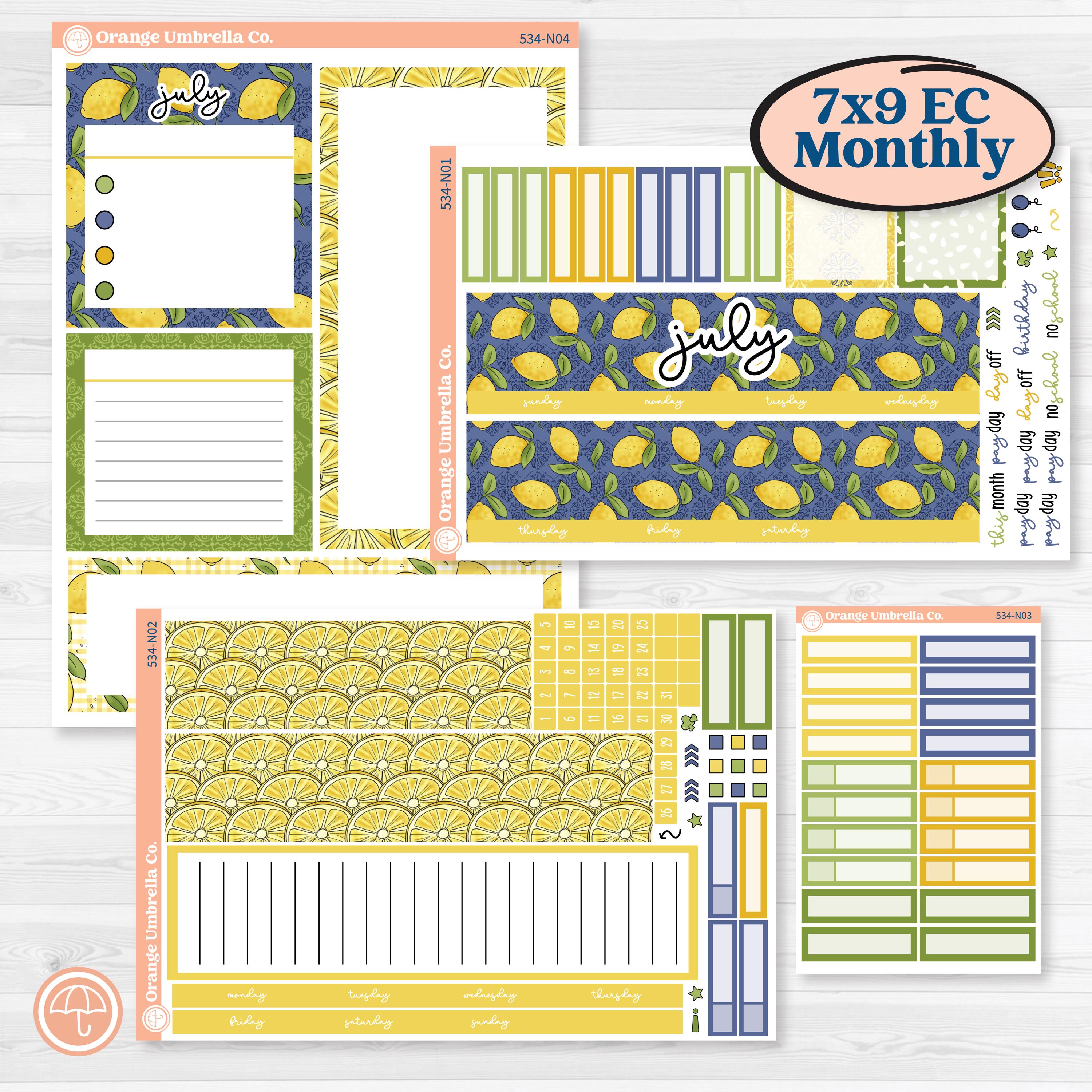 Summer Lemon Kit | 7x9 Erin Condren Life Planner Monthly & Dashboard Sticker Kit | Lemonade Stand | KIT-534-N