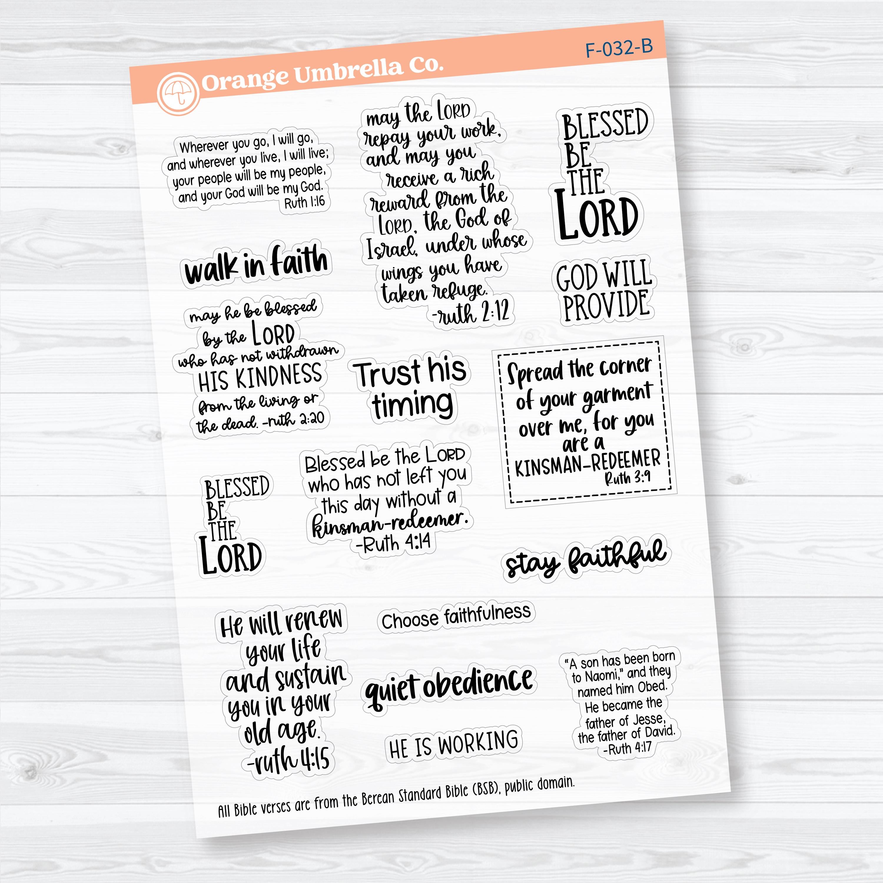 Ruth Bible Study Clear Matte Faith-Based Planner & Bible Journaling Stickers | F-032-F-034-CM