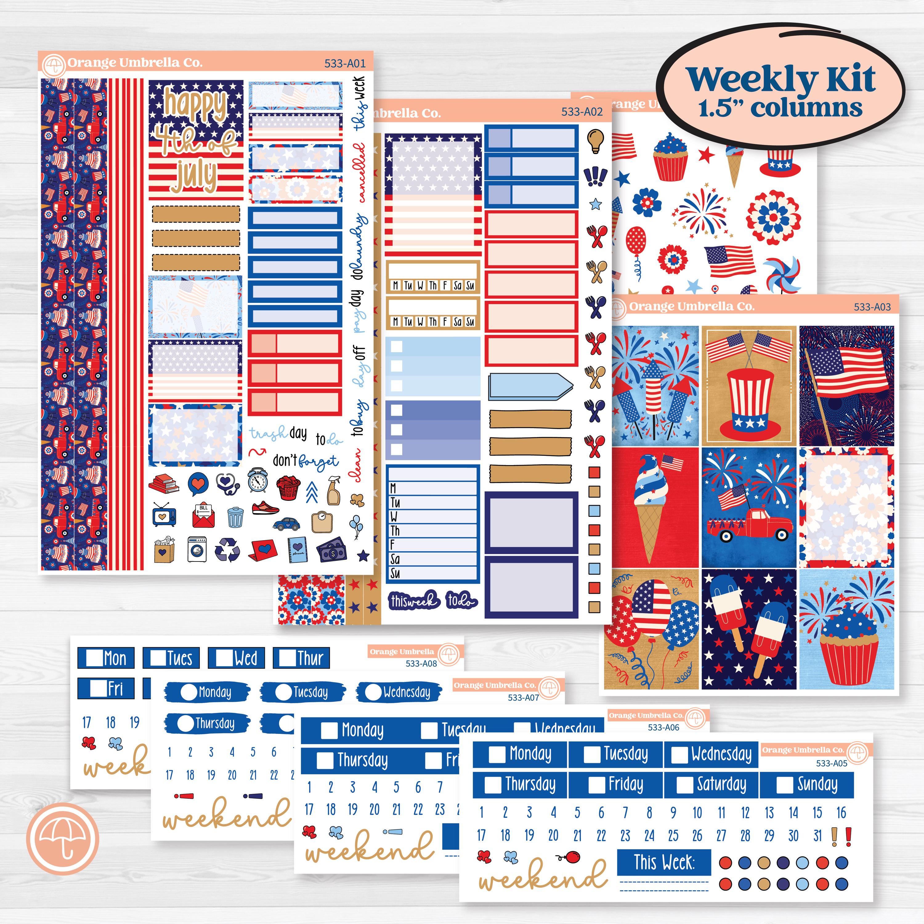 Fourth of July | Weekly Sticker Kit for Vertical Planners like Erin Condren | Red White & Kaboom | KIT-533-A